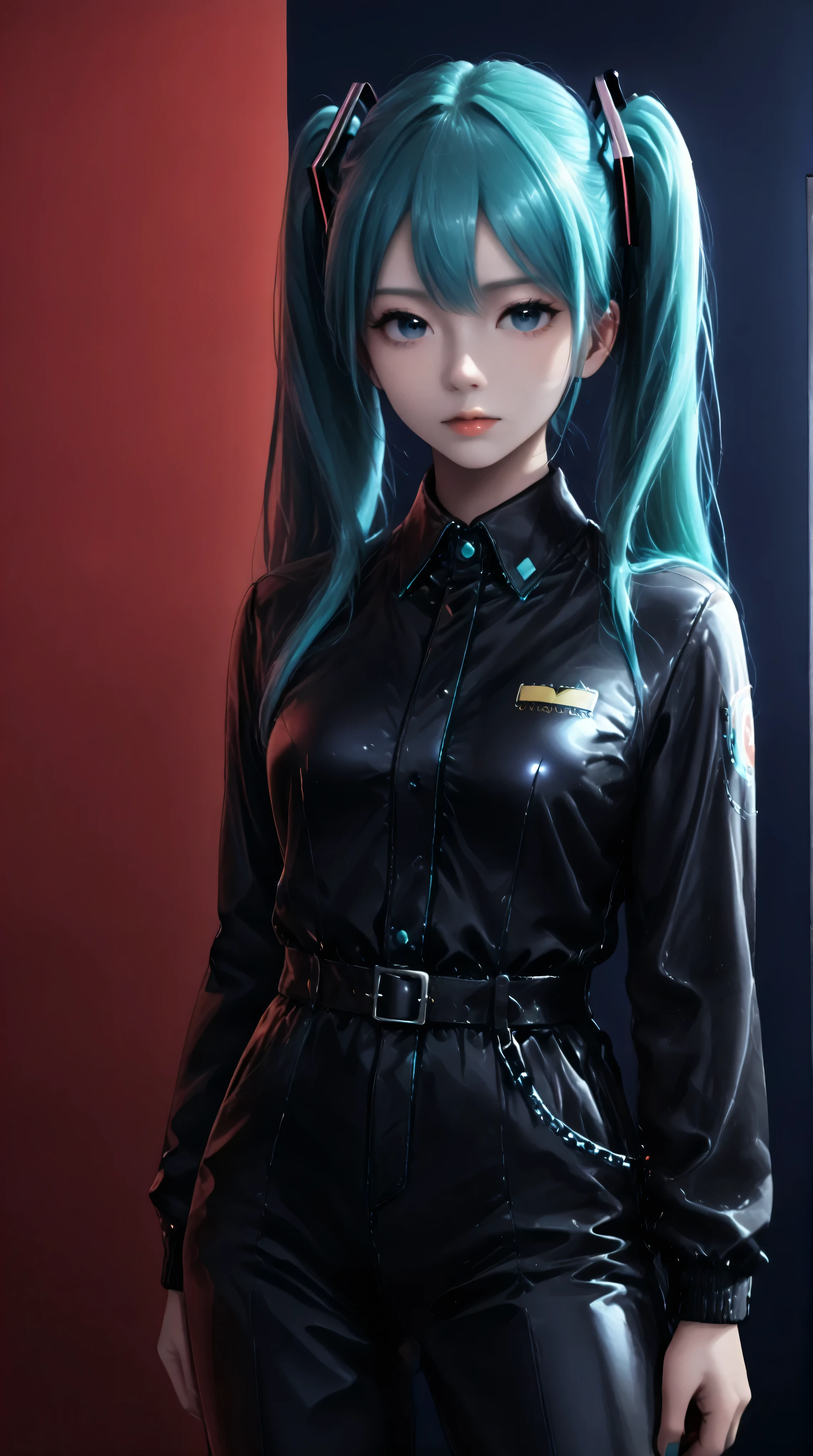 Hatsune Miku wearing a black latex jumpsuit, plain background, clean background, blue background, red background, black background,