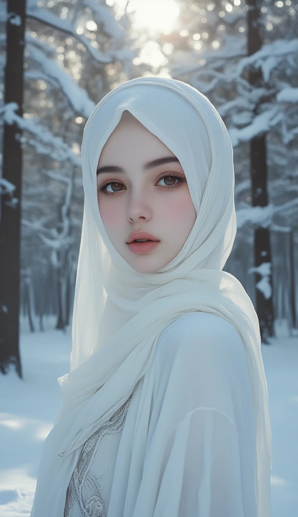 Wallpaper 8k, beautiful girl wearing hijab, naturally beautiful, pale white skin face, Korean girl hijab, wonderful hijab, elegant clothing, opening coat, snow cool