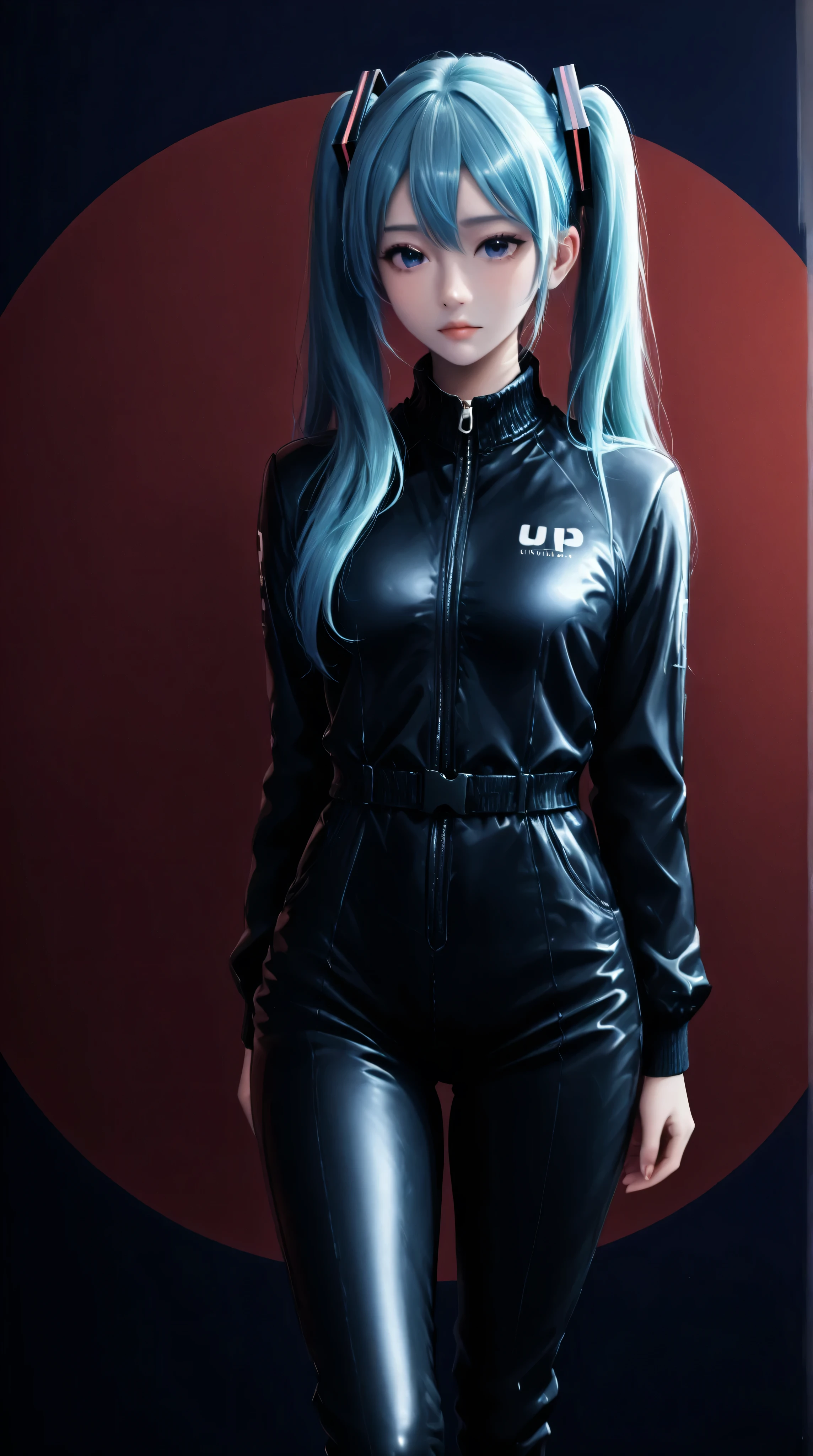 Hatsune Miku from vocaloid, blue hair, blue eyes, hair ornament, wearing a black latex jumpsuit, plain background, clean background, blue background, red background, black background,