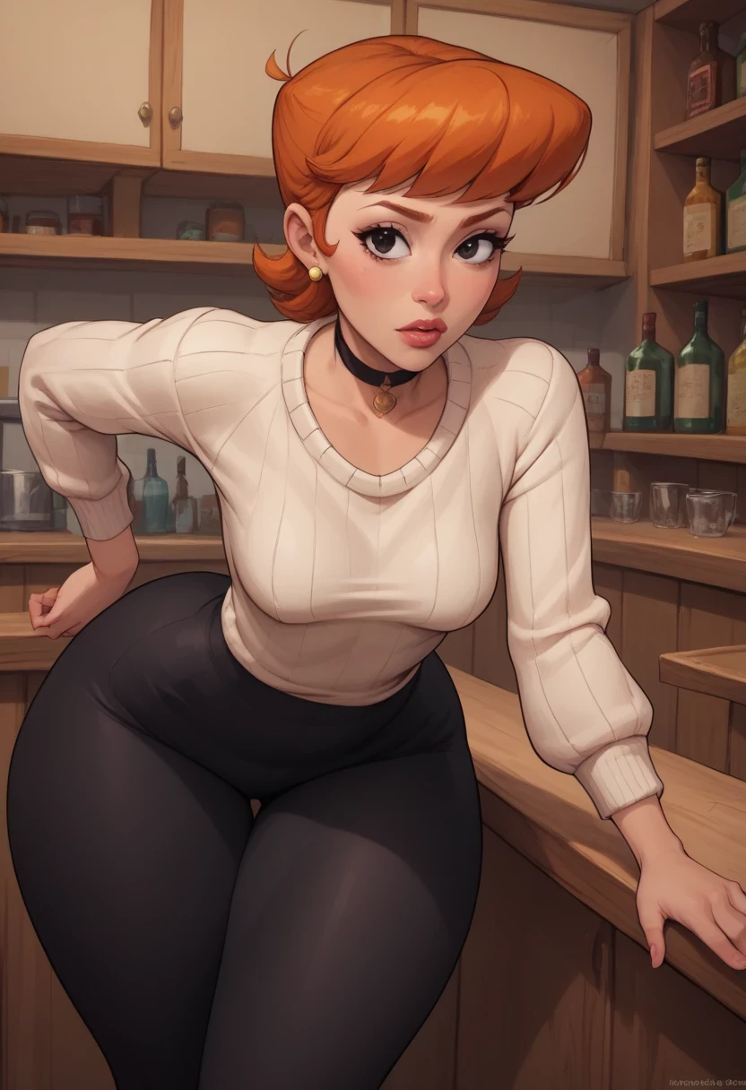 score_9, score_8_up, score_7_up, BREAK, 1girl, solo, black eyes. ginger. small saggy breasts. huge hips. dextersmom, makeup, jewelry, mature female, choker. bend over, necklace. sweater. leggings. bar.
