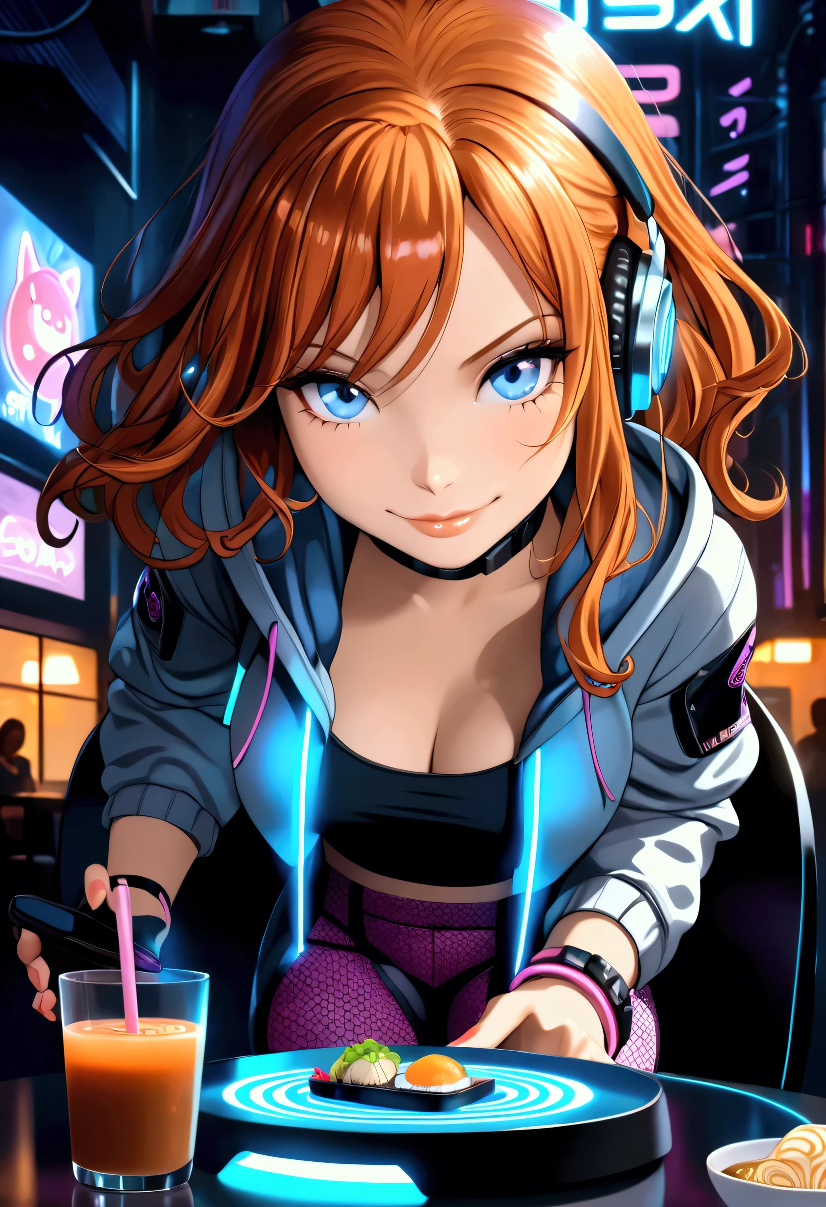 ((Masterpiece)), ((best quality)), ((wide shot)), (super detail:1.2), (High Definition:1.3), (8K), (Maximum detailed textures), (Maximum detailed shadows), (Maximum detailed backgrounds), (very aesthetic:1.2), (absurdres:1.2), Textured skin,((kawaii)), ((1girl)), (upturned eyes), cute ******* girl, (striking wavy auburn hair), (Healthy muscular slim body), (naughty smile), (cute cheeks), glossy lips, pouty lips, (lower eyelashes), (tilt head), ((sleek, neon-accented crop hoodie with a digital cat logo)), (deep blue eyes), (glitter eyes),A young, lively girl with striking wavy auburn hair and curious deep blue eyes, a fusion of Nami’s playful charm and Nico Robin’s mysterious elegance, sits in front of a futuristic cyberpunk-style holographic livestream setup, with a confident smirk and a bright, expressive face, full of personality, along with fingerless gloves and high-tech wristbands, circuits-pattern pants, she exudes a stylish, futuristic vibe. In front of her, an array of cyberpunk-inspired food—glowing ramen, levitating sushi, and bubble tea—rests on a sleek, illuminated table, excited expression, takes a big bite, mukbang session, studio is bathed in neon lights, interactive holographic chat, a massive digital screen projects her live chat, highly detailed blend of anime and cyberpunk realism artsyle, with dynamic lighting reflecting off her chrome-trimmed headphones, The overall vibe is energetic, engaging, and full of futuristic digital aesthetics, top-quality real texture skin, cinematic color grading, skin texture style, realism, detailed, 1girl, makeup
