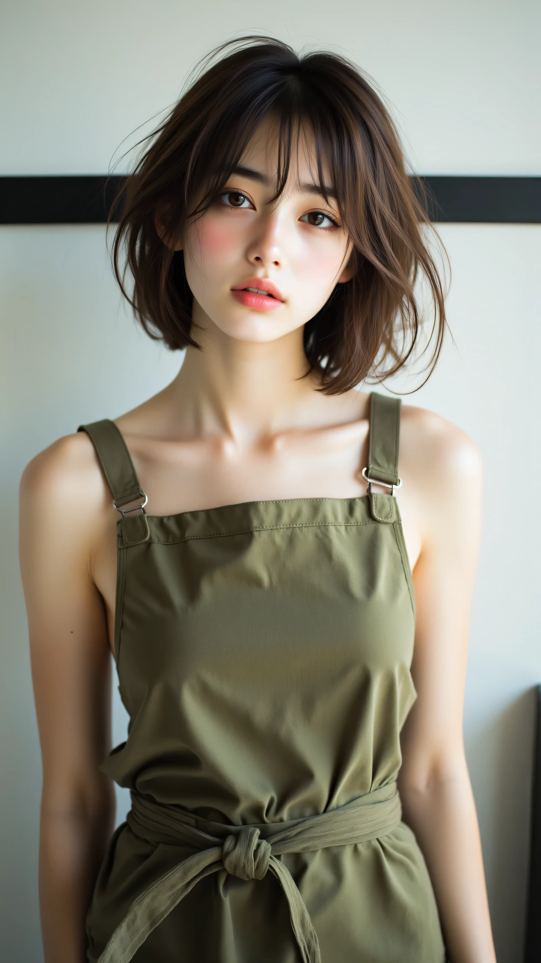 8k, masterpiece, highest quality, Korea's Beautiful Women, Close-up, front-view, short brown bob, olive-green apron, thin straps, lightweight material, neutral expression, hands at waist, light-colored wall, dark horizontal bar.