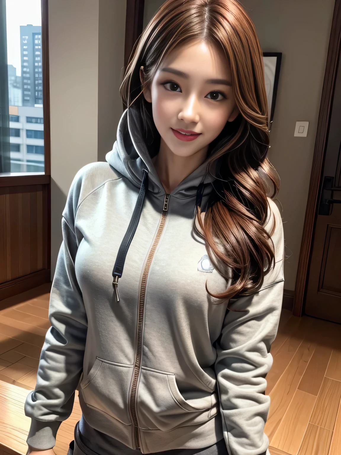 1 beautiful young girl, Super beautiful detailed face, smile shyly, small breasts, deep cleavage:0.8), (oversized full zip hoodie:1.3), (Grey tartan check pleated skirt), (knee-high boots), (garter-belt), (break), (lift the hem of the skirt by myself:1.3), (flip up the skirt by myself:1.3), (lace panties, show panties:1.3), hime cut hair, (Fine face:1.2), High quality, Realistic, extremely detailed CG unified 8k wallpaper, highly detailed, High-definition raw color photos, professional photography, Realistic portrait, Cinematic Light, Beautiful detailed, Super Detail, high details, (((Bokeh))), depth of fields, illumination, Neon Street, Super stylish lighting, halloween night, pumpkin lantern