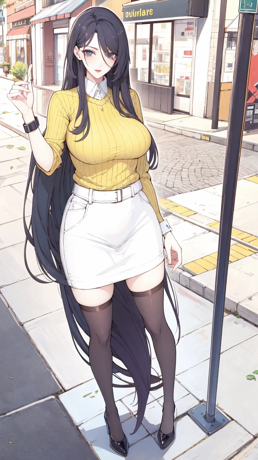 (masterpiece, Highest quality:1.2), 1 girl, Lonely,mature_Escape,Long black hair, sweater,on the road