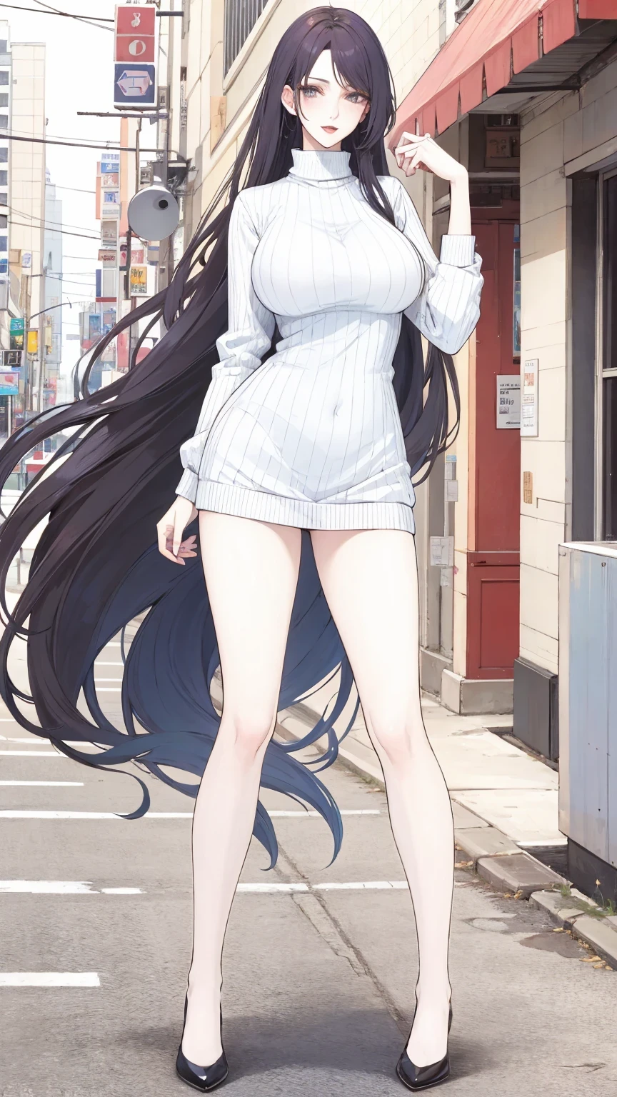 Long black hair, right side bangs, voluptuous body,big breasts,cleavage,loose white T-shirt,blue hot pants, thick thighs,sneakers,ahoge,collar bones,parted lips, looking at viewer,night street background, standing up