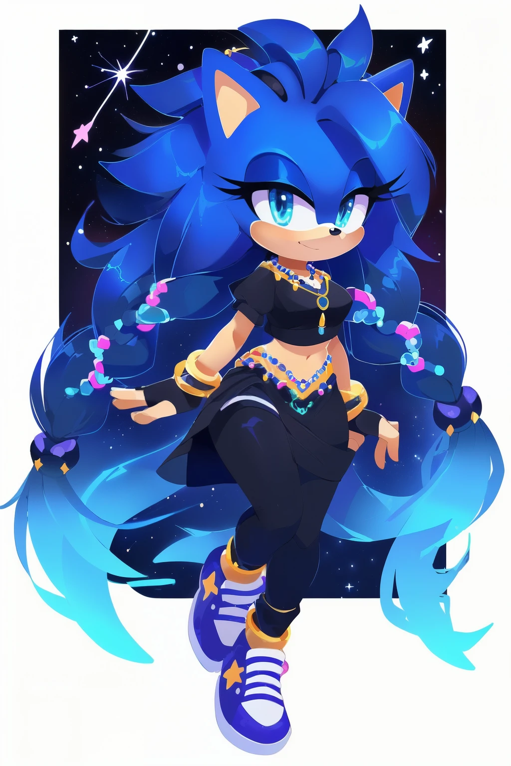 Sonic oc, Mobian, female, sonic the hedgehog but female, Cosmic hedgehog, A beautiful light blue hedgehog, purplish blue eyes, very long hair/quills, braided and beaded long hair bangs, long streaks of hair on each side of her face, (star constellation on hair, beads on hair, smooth fur, slim thick hourglass body, slim fit, wearing a cropped blouse, black long linen skirt hanging around waist, black jeans, sneakers, fingerless gloves, inhibitor ring, beaded hair and decorated with rings, flowing hair, cartoon style, flying, black background, jade braids hairstyle with beads