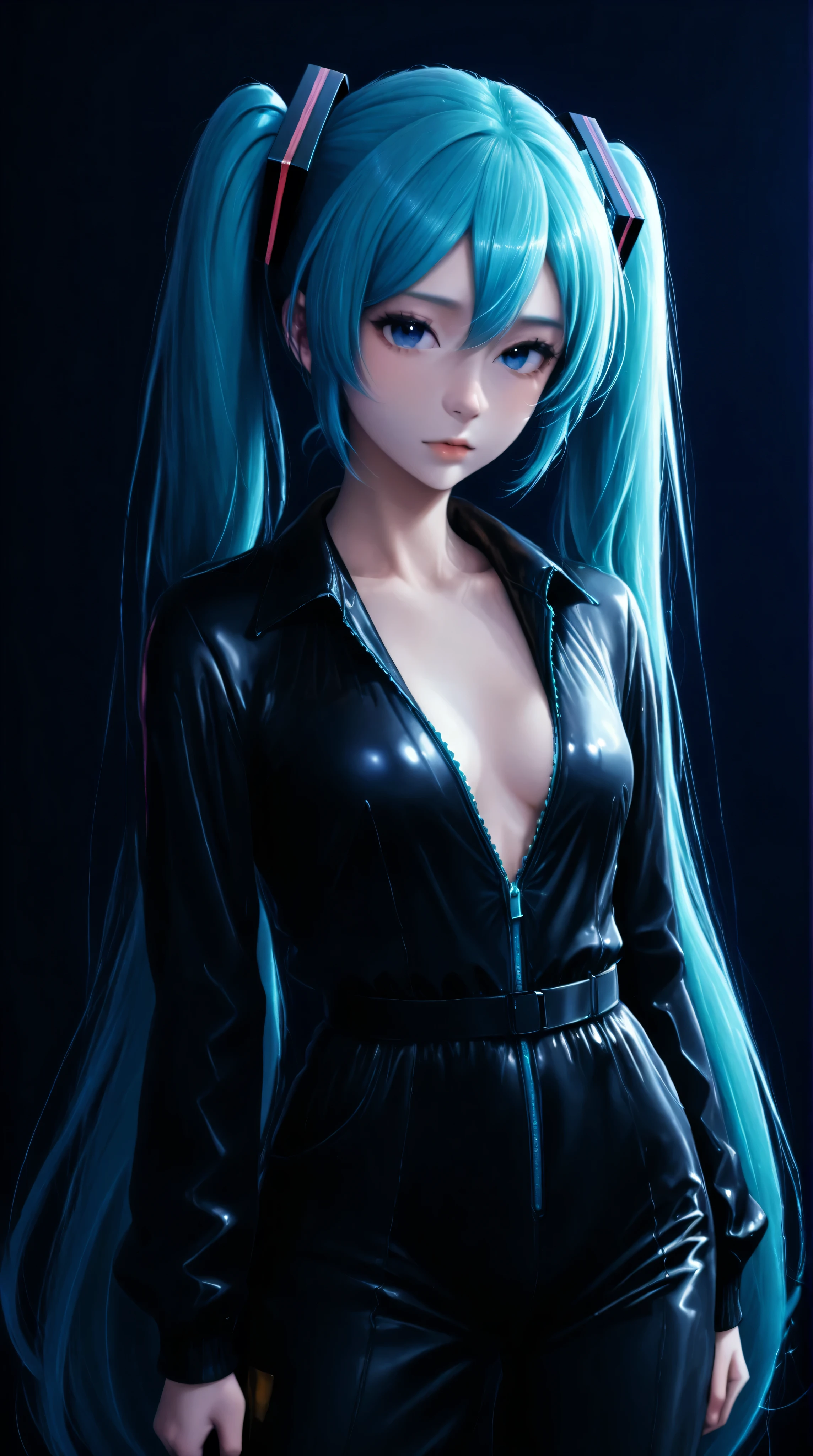 Hatsune Miku from vocaloid, blue hair, blue eyes, hair ornament, wearing a black latex jumpsuit, plain background, clean background, blue background, red background, black background, small breasts, cleavage, slender,