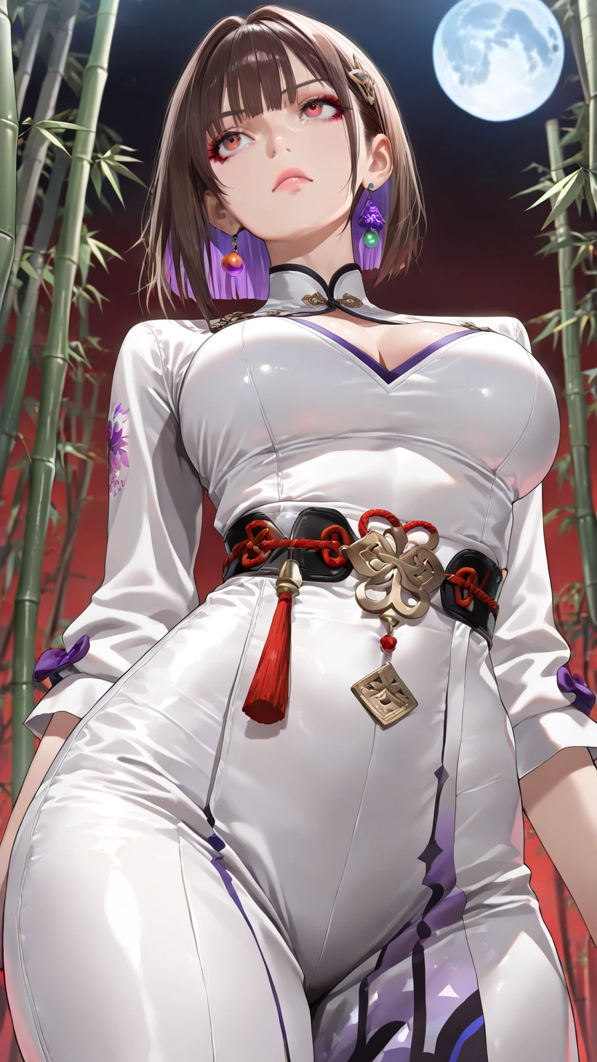 woman wearing white kimono、seductive anime girl、solo、High resolution commission、short black hair girl、short black hair girl、Red-eyed girl、anime female characters、big breasts、girl with big breasts、Tits、female action anime girl、seductive anime girl、anime moe art style、official art、anime best girl、a girl is standing、smile、Anime visual of a young girl、attractive anime girl、female focus、bare shoulders、bare legs、bare arms、bare thighs、