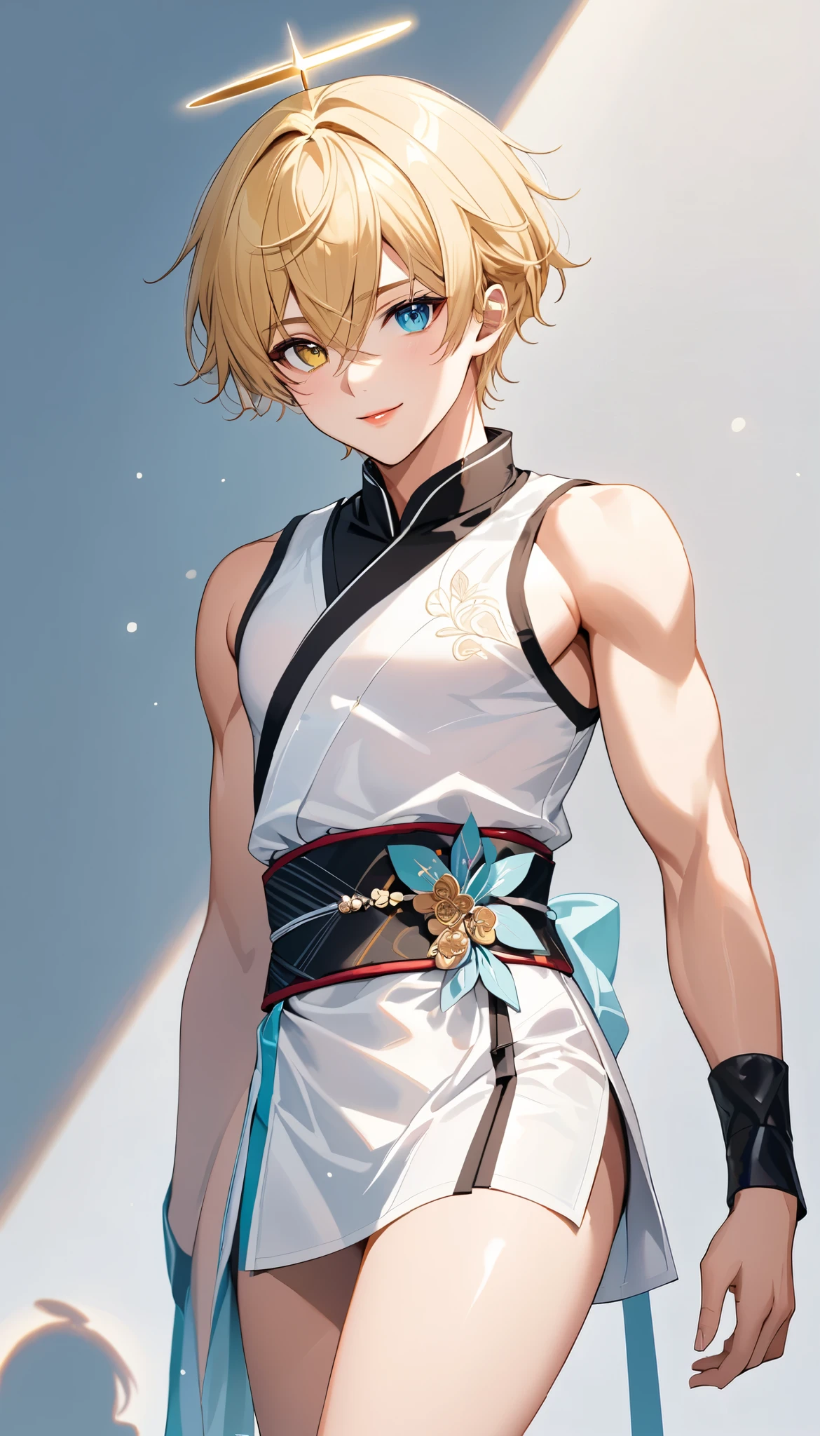 1boy ,
{ standing}
Alone,
Height: 158cm,
Beige Skin,
Cheeks are ruddy,
{{The left iris is yellow and the right iris is medium aquamarine.}}
{{Complete iris heterochromia }},
beautiful eyes,
large black pupils ,
Short Short Hair,
blonde,
the tips of the hair are whitish ,
The hair has gradation ,
glossy hair,
young but beautiful and bewitching face ,
The lips are extremely small,
is smiling,
A small, shining halo is floating above her head.,
the tips of the eyebrows are slightly lowered ,
the upper body is worn in kimono ,
I have thin pectoral muscles ,
six pack,
Slim waist,
thin legs,
My lower body is long, transparent clothing like a Chinese dress with slits at both hips,
The color of the obi is red ,
The obi is tastefully embroidered with silver thread.,
fine fabric clothing ,
I have male genitals underneath my jockstrap underwear ,
the thigh strap cuts into the skin ,
Are the tips of long boots Japanese style,
Isometric,
golden ratio,
god々 atmosphere,
wearing a padded collar innerwear ,
white background,
tactical use of shadows ,
the ring of the head and hair fit inside the frame ,
Clothes fit inside the frame ,
{ full shot}
facing front,
fresh illustration ,
Superfine painting,
very delicate illustration ,
Very fine details ,