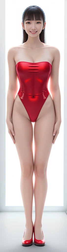 On a white background,A tall and beautiful Chinese girl,with fair skin,Toothy smile,A big smile,When you laugh, Your eyes are crescent-shaped,blunt bangs, long straight hair,Wear a one-piece swimsuit and pumps,Swimsuits are decorated with joyful patterns, Stand up straight,Stand upright,hands on sides,Symmetrical distribution,Ray tracing,All shaded areas,No windows, Soft lighting, Warm light, flood light, n, Studio light, 1.4x Realistic Ultra HD