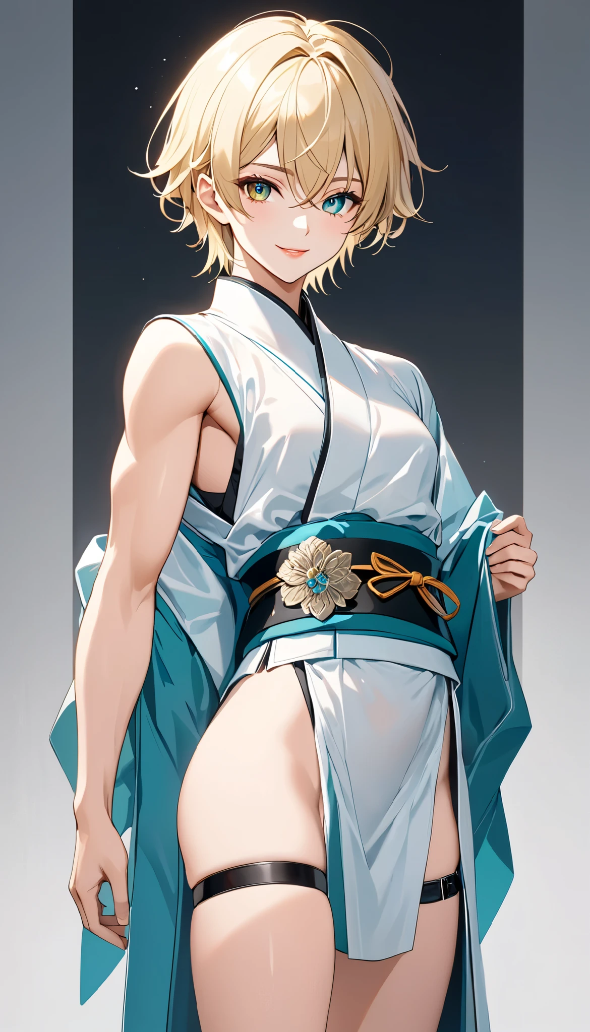 1boy ,
{ standing}
Alone,
Height: 158cm,
Beige Skin,
Cheeks are ruddy,
{{The left iris is yellow and the right iris is medium aquamarine.}}
{{Complete iris heterochromia }},
beautiful eyes,
large black pupils ,
Short Short Hair,
blonde,
the tips of the hair are whitish ,
The hair has gradation ,
glossy hair,
young but beautiful and bewitching face ,
The lips are extremely small,
is smiling,
A small, shining halo is floating above her head.,
the tips of the eyebrows are slightly lowered ,
the upper body is worn in kimono ,
I have thin pectoral muscles ,
six pack,
Slim waist,
thin legs,
My lower body is long, transparent clothing like a Chinese dress with slits at both hips,
The color of the obi is red ,
The obi is tastefully embroidered with silver thread.,
fine fabric clothing ,
I have male genitals underneath my jockstrap underwear ,
the thigh strap cuts into the skin ,
Are the tips of long boots Japanese style,
Isometric,
golden ratio,
god々 atmosphere,
wearing a padded collar innerwear ,
white background,
tactical use of shadows ,
the ring of the head and hair fit inside the frame ,
Clothes fit inside the frame ,
{ full shot}
facing front,
fresh illustration ,
Superfine painting,
very delicate illustration ,
Very fine details ,