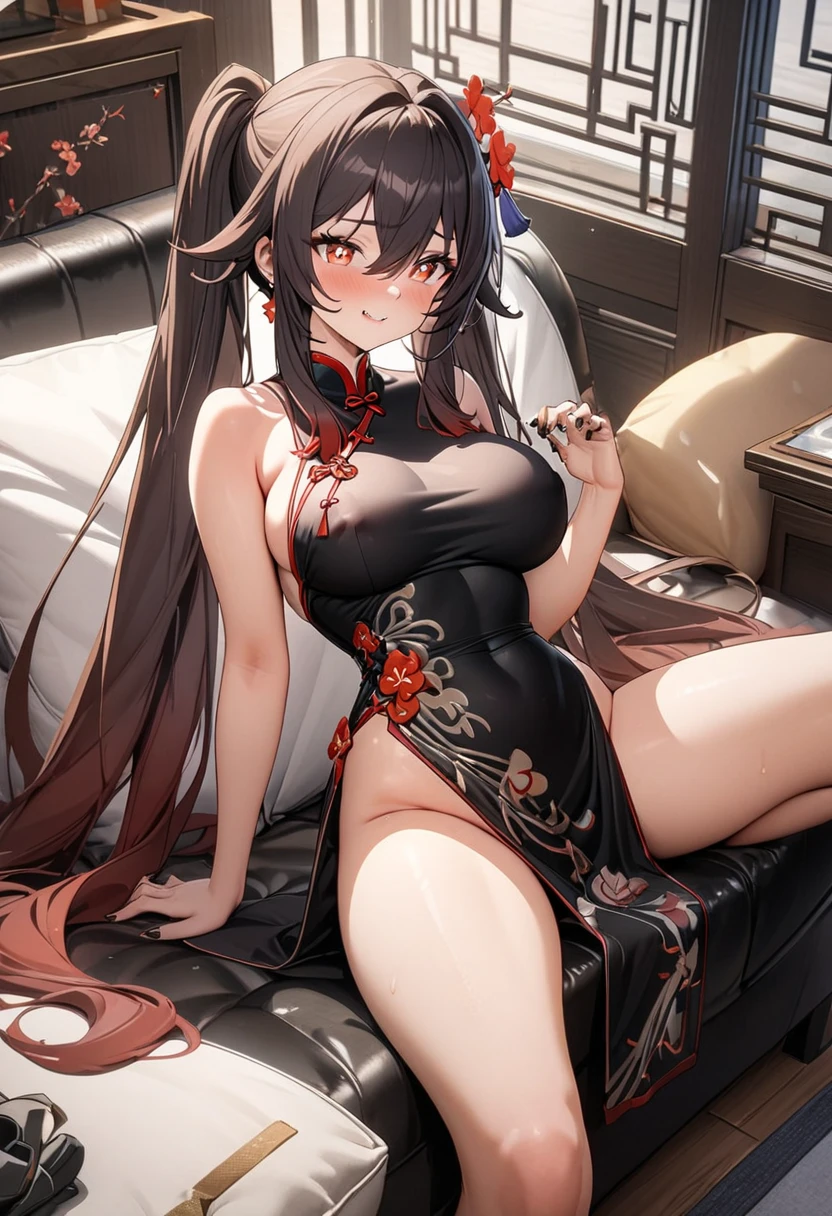 Back focused, masterpiece, top quality, night, chinese style, ancient china, royal, cold expression, expressionless, long black hair, light pink lips, calm, triple band, gray pupils, assassin, flower ball background, facial details, correct limbs, (NSFW:1.0), 1girl, protruding crotch, biting money in the mouth, being strangled especially tightly by red panties, wearing tight red underwear, kneeling on the bed, butt up, revealing a painful expression, tears in the corners of the eyes