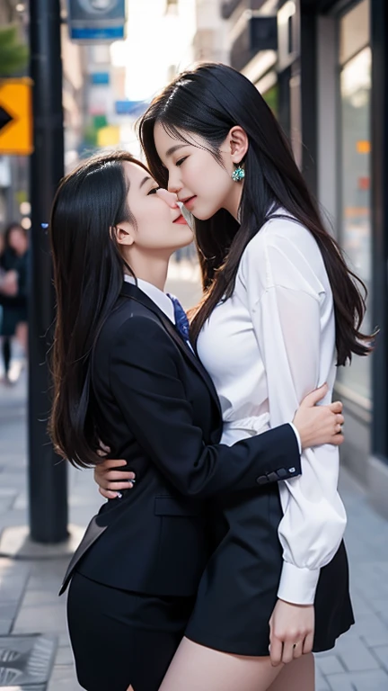 Ultra-high resolution，Professional Lighting，highest quality，masterpiece，Two Japanese girls standing and kissing passionately at the wall of a public toilet at night，White blazer and white mini skirt，Black thigh-high stockings and white thigh-high stockings，Black pumps，hold against the wall，Close ~ eyes，Touching each other's bodies，Tongue entangled，Are standing，Hug each other strongly，Feet touching，Supermodel，Perfect beauty，Shiny long hair，Overflowing sex appeal，Very delicate skin texture，Browsing Caution