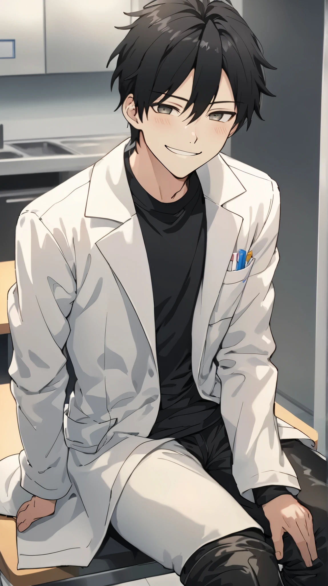 Solo male sitting cross-legged , he is wearing a lab coat over a black shirt.、He is wearing stylish clothes、 He wears knee-high boots. That person , straight black hair.。 The overall vibe is full of confidence .Fair skinned and neutral in appearance10Male Mysterious smile In the break room HD 8k