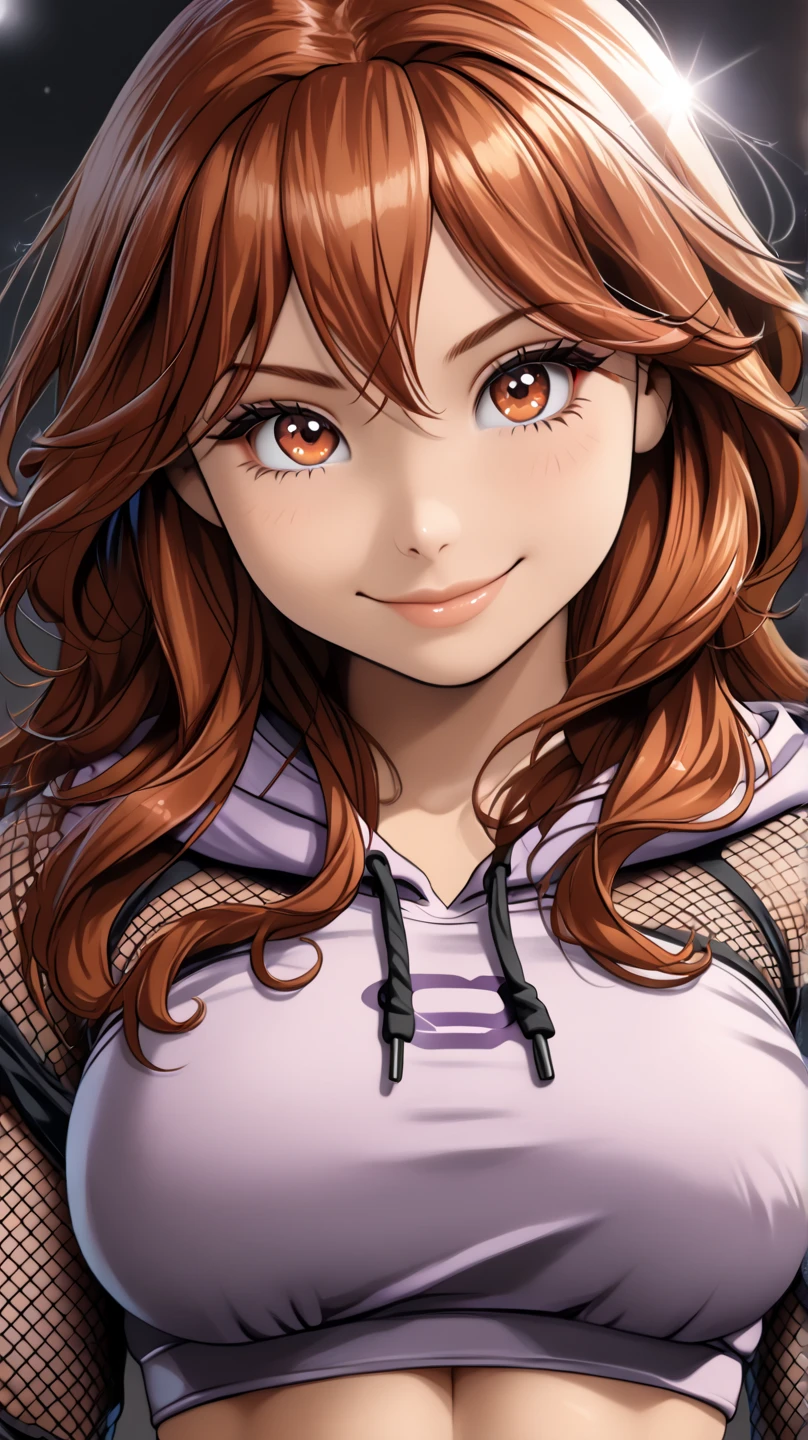 ((Masterpiece)), ((best quality)), ((full-body shot)), ((full view)), (super detail:1.2), (High Definition:1.3), (8K), (Maximum detailed textures), (Maximum detailed shadows), (Maximum detailed backgrounds), (li), (very aesthetic:1.2), (absurdres:1.2), Textured skin,((kawaii)), ((1girl)), (wolf-cut auburn hair), (Healthy muscular athletic body), (naughty smile), (cute cheeks), glossy plump lips, (long eyelashes), (tilt head), ((fishnet crop hoodie)), (doe eyes), (glitter eyes), tattoo, (body builder)