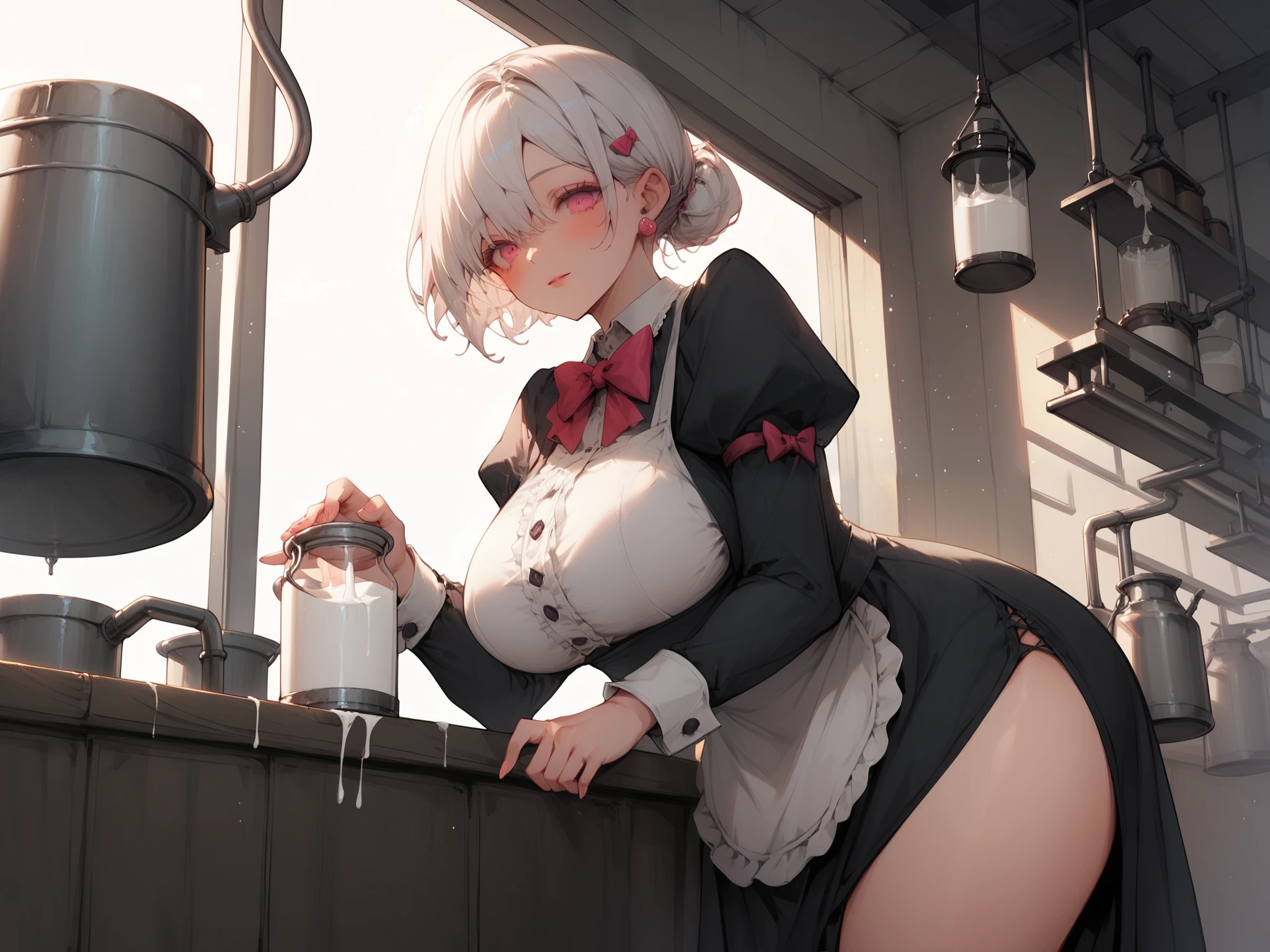 (best quality, masterpiece), (ultra high resolution, 8K RAW photo, photo realistics:1.5, textile shading, thin outline, clear focus:1.2), Beautuful Matured woman preparing tea-time in the garden, standing by the round table, (tea set, tea pot, tea cups, some cakes on dish), classy art deco style table, wearing light_brown maid uniform, breast cleavage, maid costume:1.2, long flare skirts, apron, bow ties on thechest, long tall sally, long legs, long white hair, (wearing thin-flame glasses:1.2), (milf:1.5, 28 years old, solo), (large breast, sagging breast, big tits, narrow waist), (medium short white hair, hair over one eye, (updo hair:1.2), side lock, asymmetric hair, wavy hair), (bright pupils, detailed eyes, high detailed face, Perfect face shape, eye rush), (seductitve smiling, half-closing eyes), (looking at viewers:1.3), (dynamic angle, full body, from above:1.2), ((correct anatomy:1.5, correct hands)), (ideal ratio of body proportions), (outdoor:1.2, grass field),