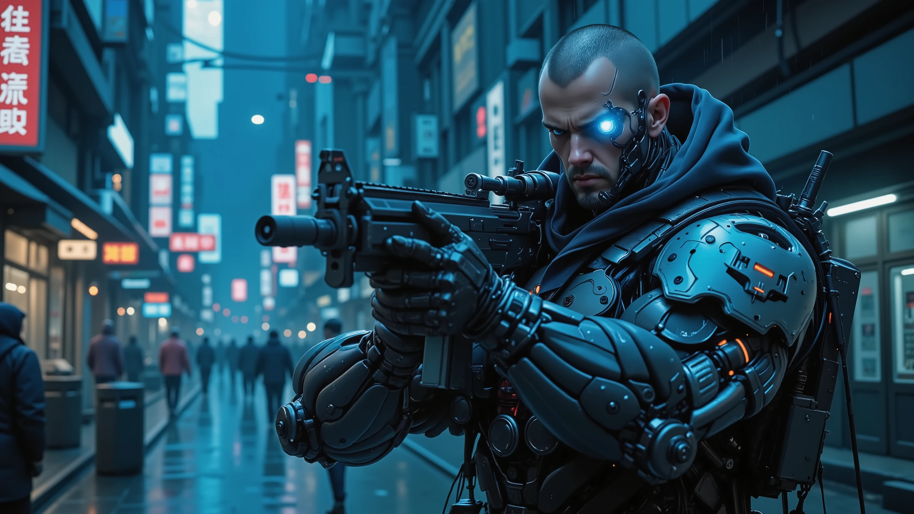 Cyberpunk Futuristic City, Blue tons, obscure, a dark fog covers the city, dark night, landscape, the streets are wet because it just rained, Lots of neon lights on the storefronts, in the background of the image a man with a body 100% mechanic, mecha body armor, Technological in the Cyberpunk style, The man's face is very handsome, He is the most handsome man in the world, shaved haircut, angry face, one of the eyes has been replaced by a modern bionic eye that emits blue light, in combat position holding a military rifle