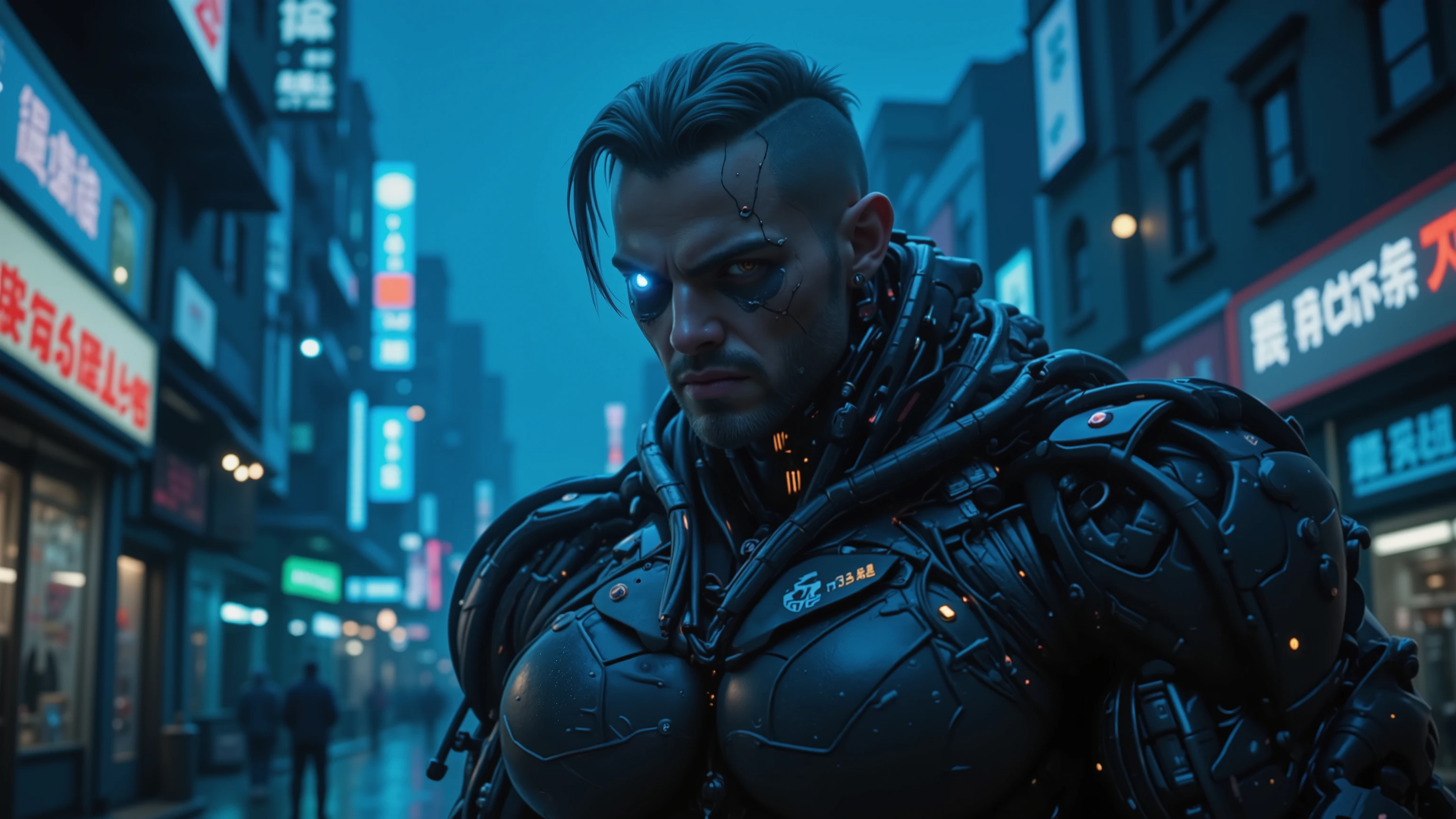  Cyberpunk Futuristic City, Blue tons, obscure, a dark fog covers the city, dark night, landscape,  the streets are wet because it just rained, Lots of neon lights on the storefronts,  in the background of the image a man with a body 100% mechanic, mecha body armor, Technological in the Cyberpunk style, The man's face is very handsome, He is the most handsome man in the world, shaved haircut, angry face, one of the eyes has been replaced by a modern bionic eye that emits blue light, in combat position holding a military rifle