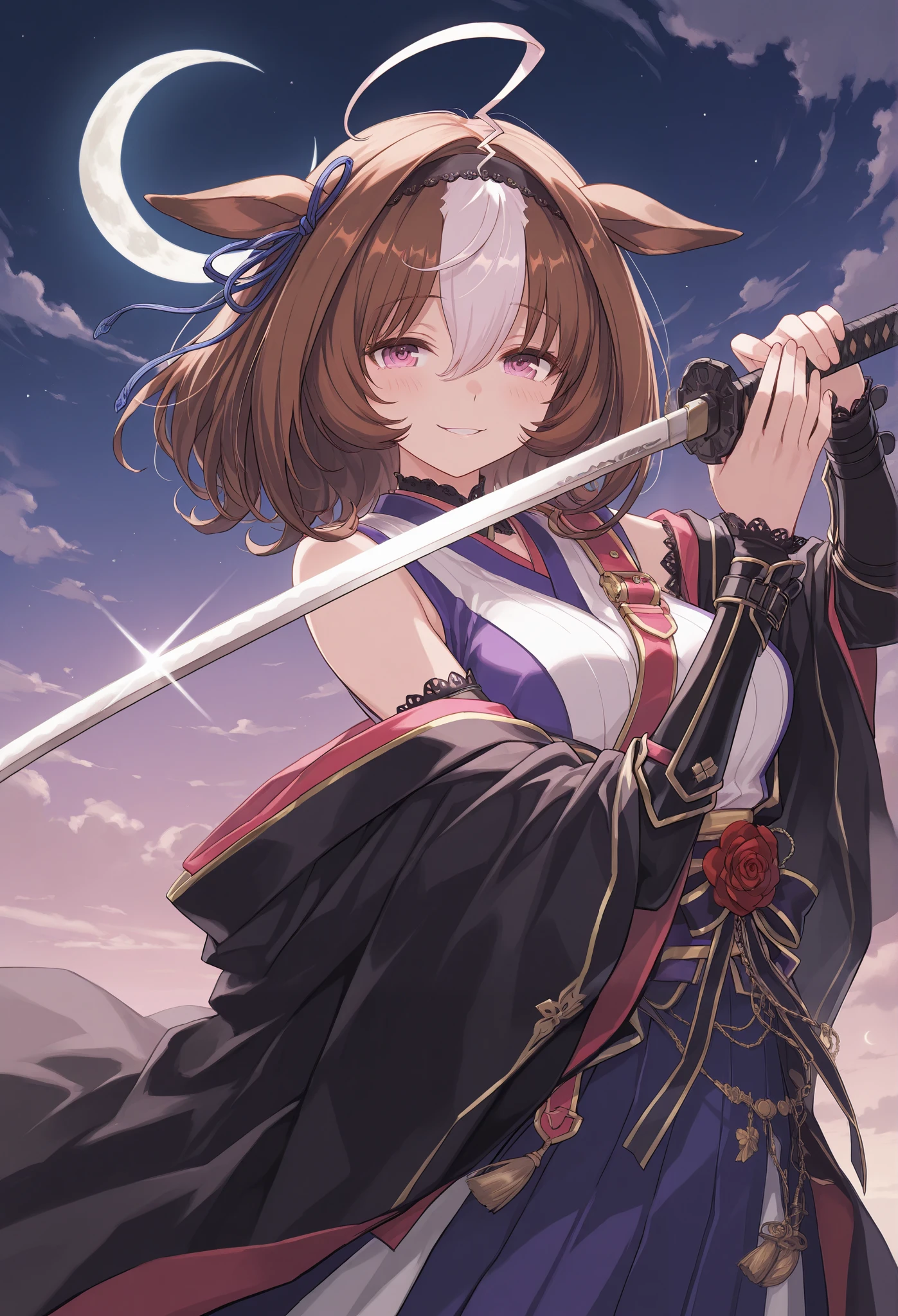 {{{Racecourse:1.6}}} {{{ 【 focuses on the upper body :1.5}}},( high resolution),( high resolution), (unity 8k wallpaper),( detailed image ), {{{Type Moon :1.7}}},((draw:1.5)), Meisho Doto\( Uma Musume\) ,{right },{ seductive smile } \( Uma Musume\),
,{{{{ off shoulder top}}},{{{ Crazy Smile :1.6}}},{{{Demon King :1.6}}}},{{ heavy cloak with collar }}},{{{ kimono:1.8}}}:{{{ Demon Horn :1.7}}},{{{ big Japanese sword}}},{Onigashima},{ Crescent Moon and Clouds },{ Attack with a Japanese sword } 「 Warrior attacking with a sword 」
「 swordsmen who hold up swords and launch attacks 」
「 swords where samurai have devil horns on their heads 」
「 Ninja slaying with a sharp sword 」