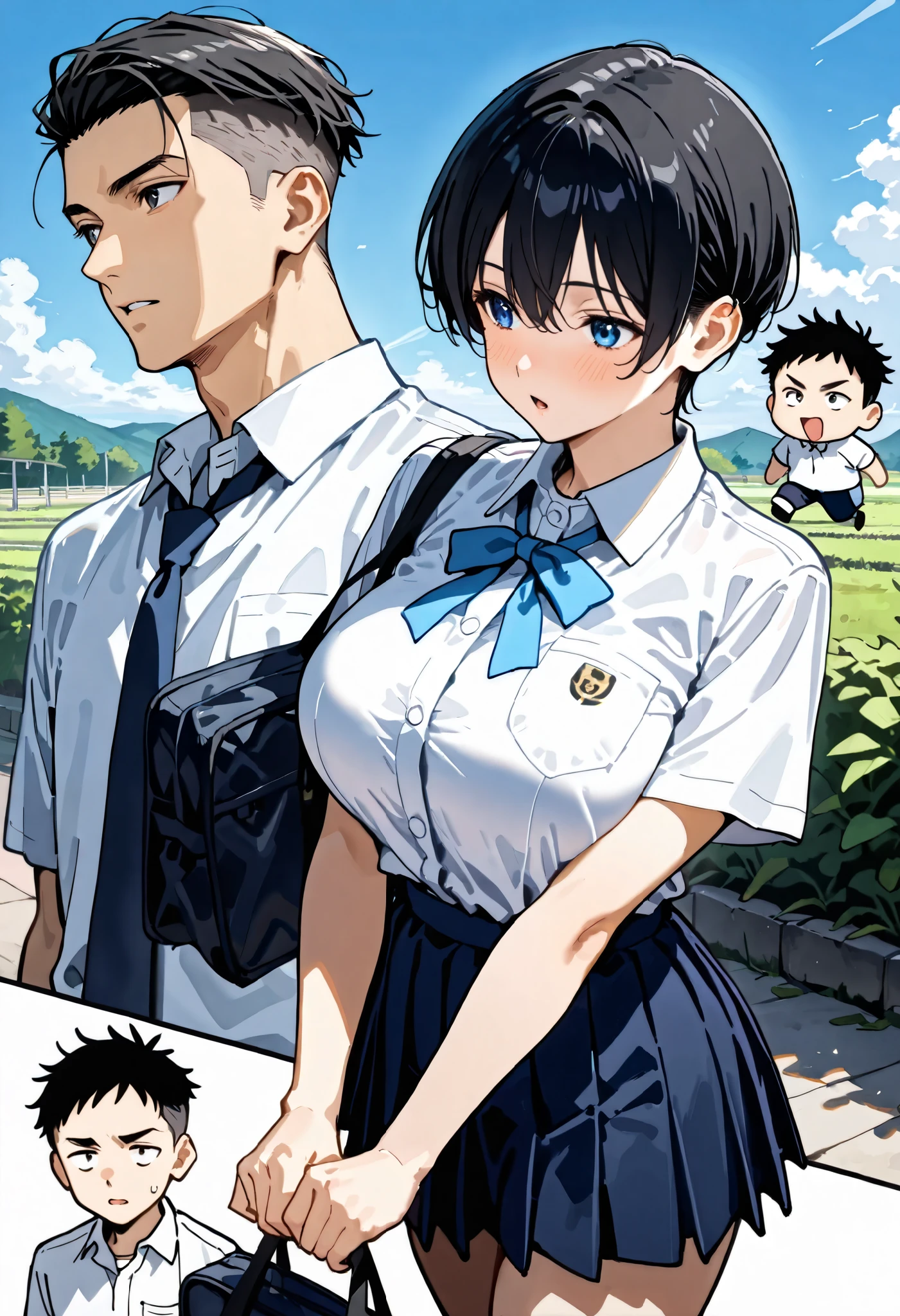 score_9, score_8_up, score_7_up, source_anime, BRAKE ((1boy , open mouth, black short hair, undercut)), White polo shirt, all Back hair, BRAKE 1girl, cute boyish girl, very short hair, black hair, Aquiline nose, , (short stature), school uniform, navy skirt, White shirt , light blue ribbon, parted lips, focus leg, warking, outdoor,BRAKE Boys and girls walking together,male focus, chibi inset