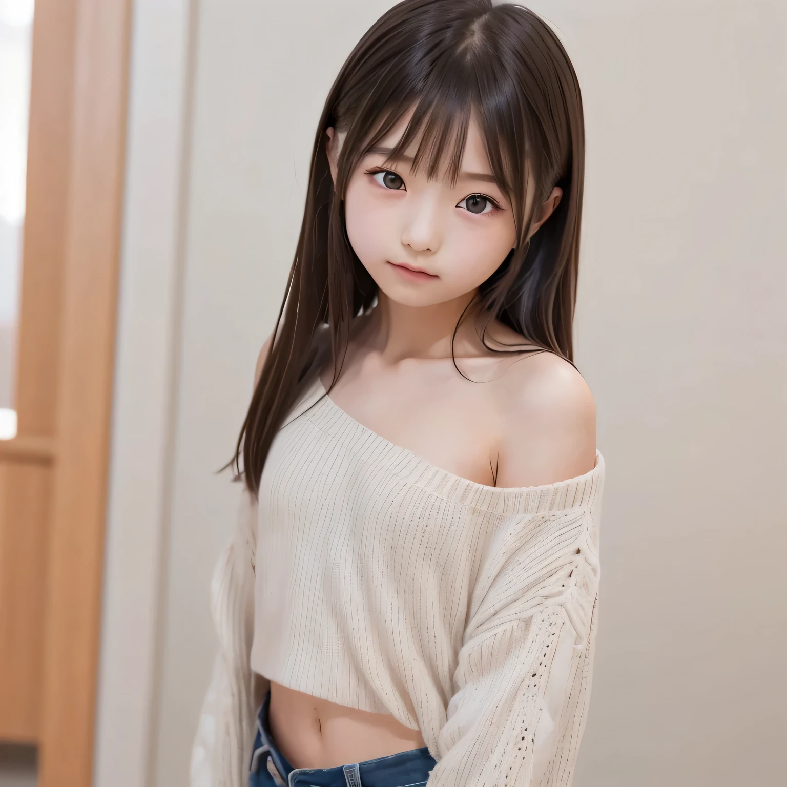 ((( skinny))),、((( )))、((( Smooth Hair)))、 girl 1people,((( standing straight ))),(((Naked ))), Completely naked, complicated details, ((( upper body photo))),((( Upper Body Closeup )))、(((8age))),(((lob)))、 small smile ,((( is short))),(((立ちストレート)))