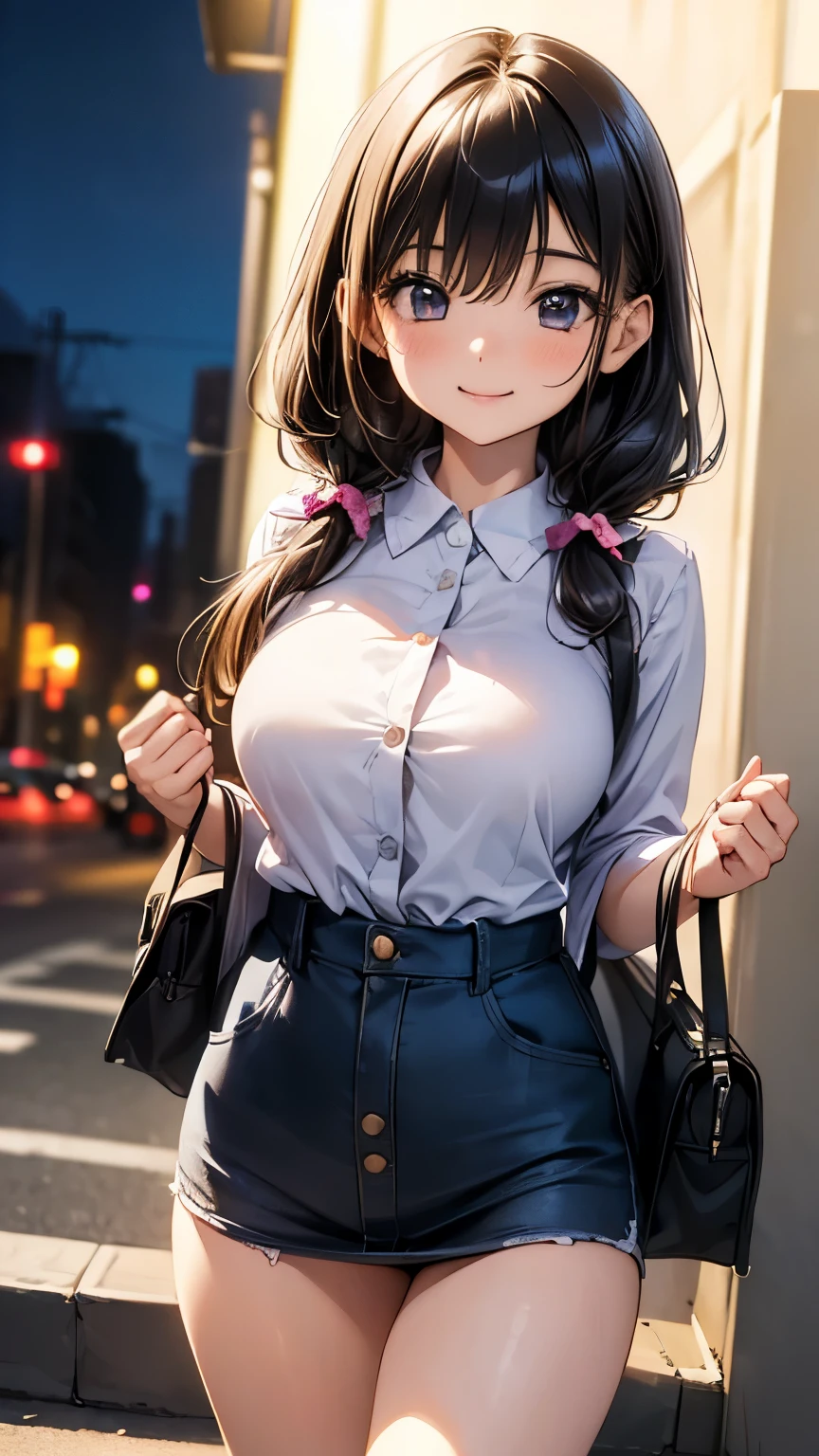 Long sleeves, pleatedskirt, School uniform, Shirt, Skirt, sleeves rolled up, White shirt, cleavage,