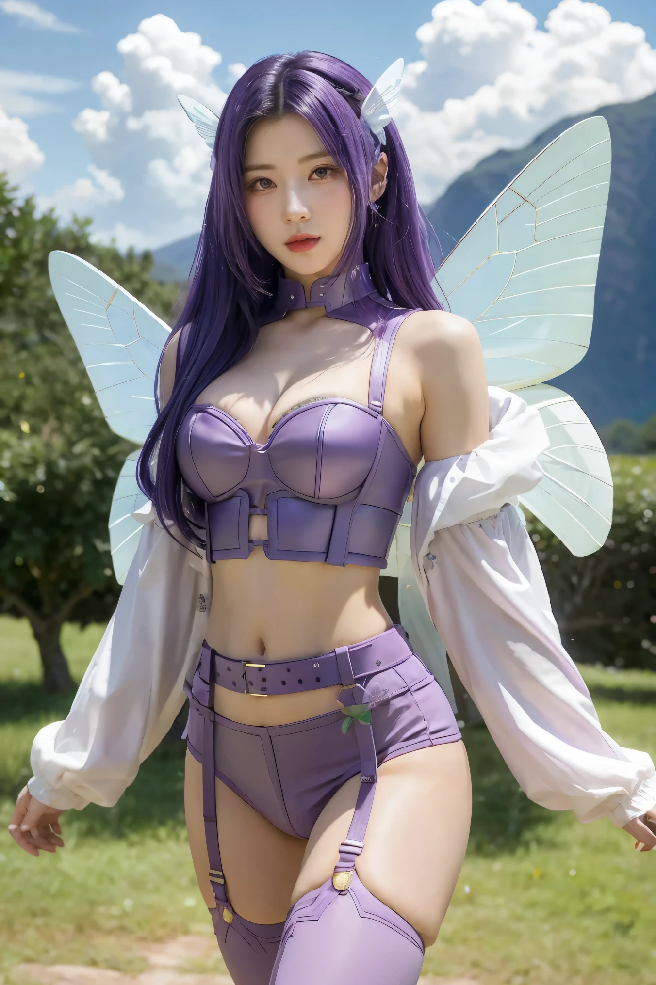 purple hair, long hair, hair ornament, belt, butterfly wings gauntlets, cleavage, garter straps, gauntlets, navel, shoulder pads, thigh highs,, sky, cloud,