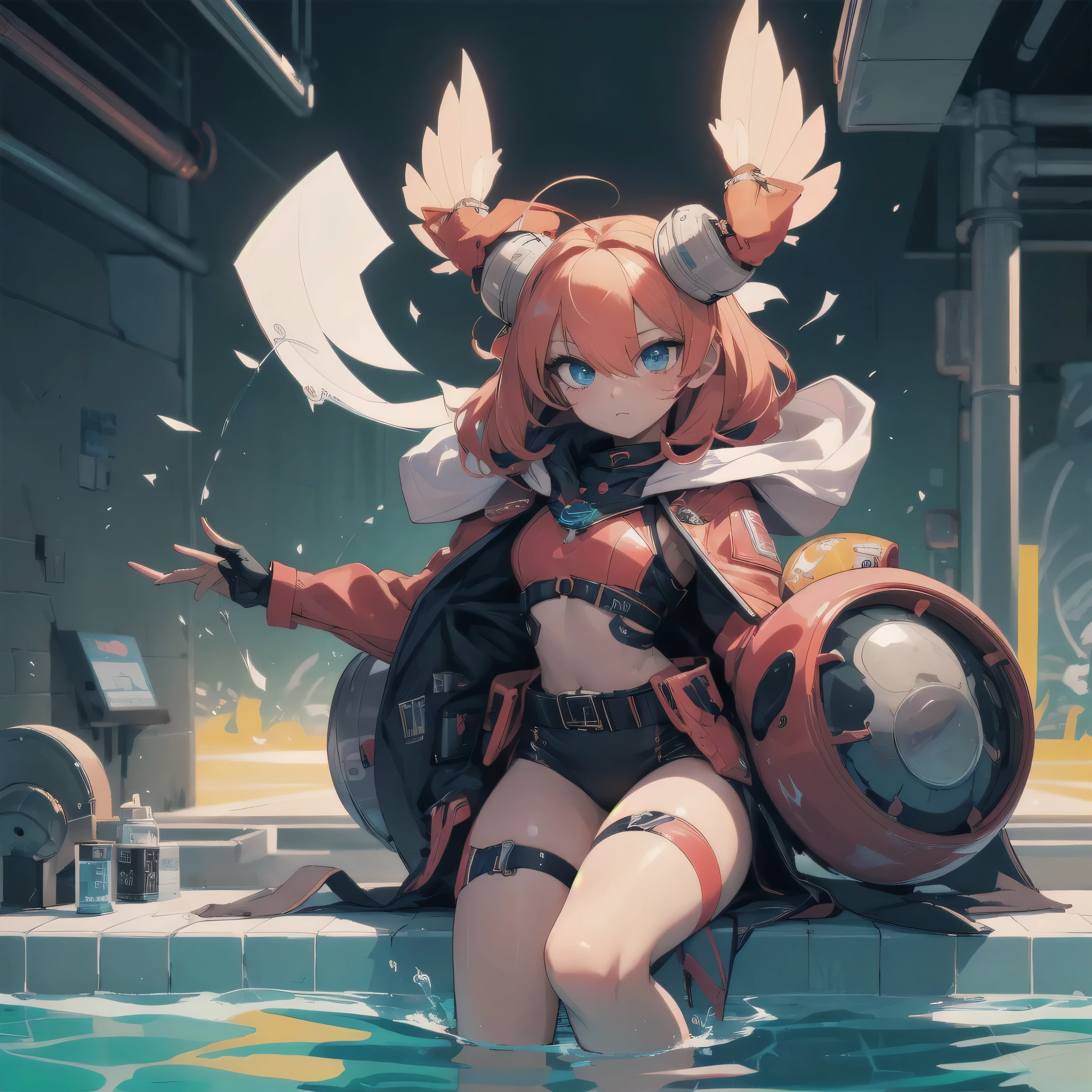 ((Masterpiece)), (best quality), (cinematic lighting), Cute teenage girl, backlit, side light, small chest, pale body, (fisheye:1.4), from below, (trival long loincloth), (put on cat ears), (cyberpunk night street:1.2), ((Sitting on one knee on the ground)), looking at viewer, (evil smile), plump cheeks, silver hair with red highlights, wearing drip ootd