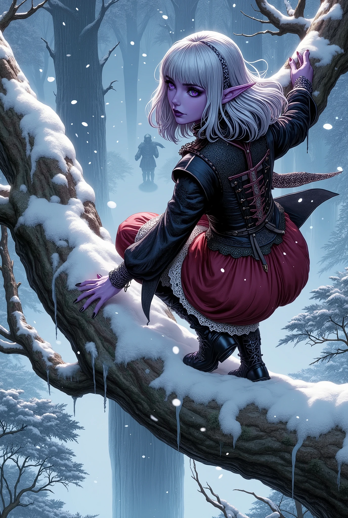 (Ultra-detailed face, Looking away, Gothic Illustration, Dark tone colors.), BREAK (A bird's-eye view from above, looking down on the ground. Deep in a forest where huge frozen trees cover the area, a female dark elf ranger is climbing a huge tree, 200 meters in diameter and covered in ice, and crossing a large branch that juts out above the snow cloud. The area is covered in a white haze, glistening blue-white as the moonlight reflects off the ice. The female ranger looks down at the ground far beyond with one hand over her eyes.), BREAK (The dark elf woman ranger wears a jet-black blouse with medieval-style lace bows and ruffles, and a crimson balloon skirt with white lace at the hem. She wears lacy black stockings and short black boots made of soft leather.), BREAK (She has glossy silver hair and eyebrows, blunt bangs, waist-length hair that is bunched and braided behind her neck, small pink lips, dark purple skin, lavender eyes, and a young-aged female dark elf ranger with thick, dark eyeliner around her eyes.), BREAK (This is a frozen, ancient forest that has been here for thousands of years. The atmosphere is sacred and filled with a pale glow of various shades.)