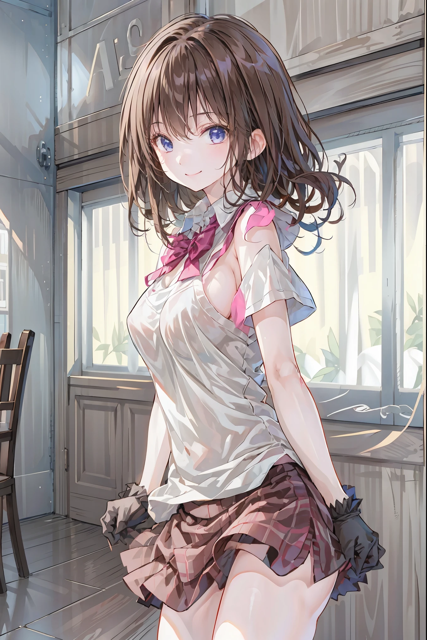  girl，Alone， long pink hair ， kind，smile， Medium Hair Long ， disheveled hair，Short sleeve，Short sleeve游戏服， black skirt， black gloves，  Popular Themes on ArtStation Pixiv ,  night ,   night  city background，Digital Punk,  anime style 4k,  About， indoors，At a restaurant， Black Stockings Ayase Tsukasa、Character-centric