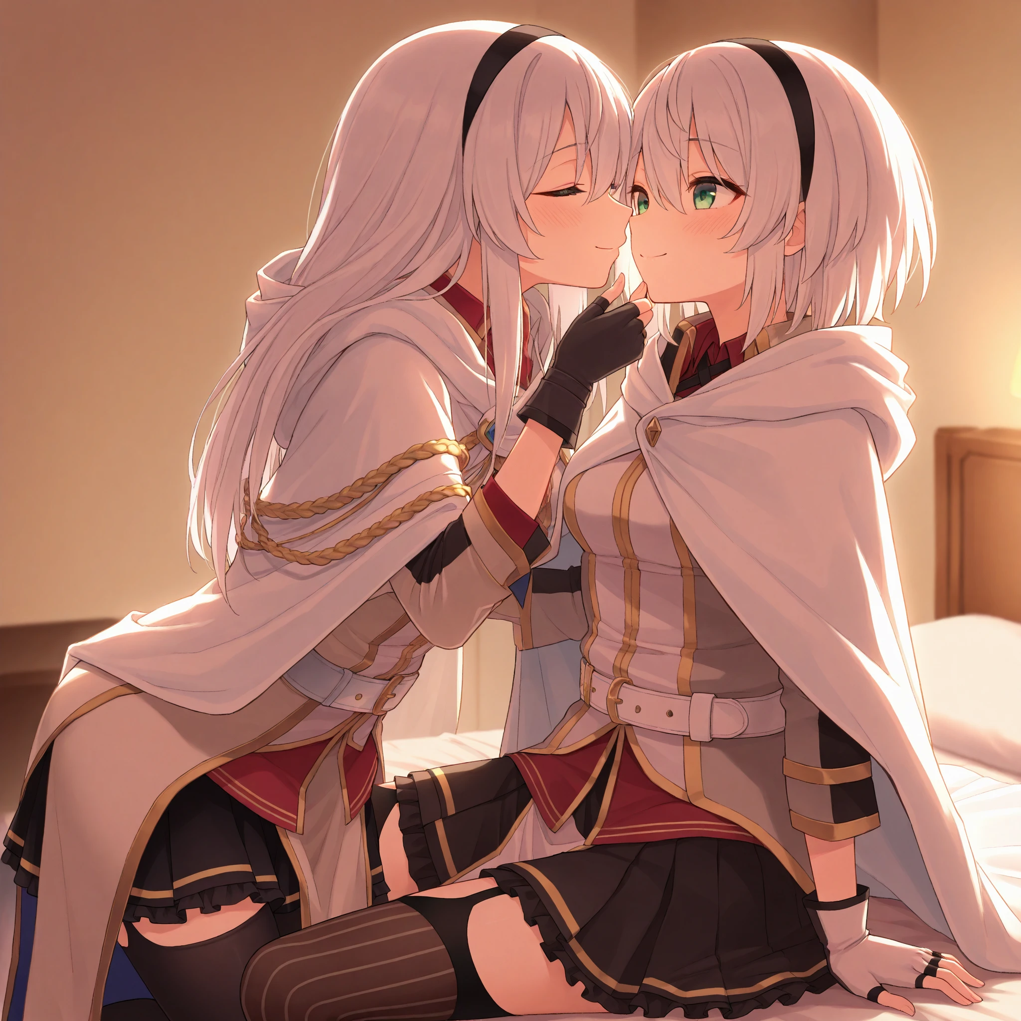 1 Girl,Kagura Mia ,white hair,Heterochromia,Half closed eyes,(Giddenmei 1.5),short sleeve dress,Shawl coat,military uniform,Puff sleeves,Chest pocket,Gloves,White pantyhose,braid,1 Girl，Minato Aqua，They are two women lying on the bed，White bed sheets，Wearing a lamp, Art of Female Love, Kiss cutely together, Girl hug, two beautiful anime girls, Lesbian kissing,lesbian