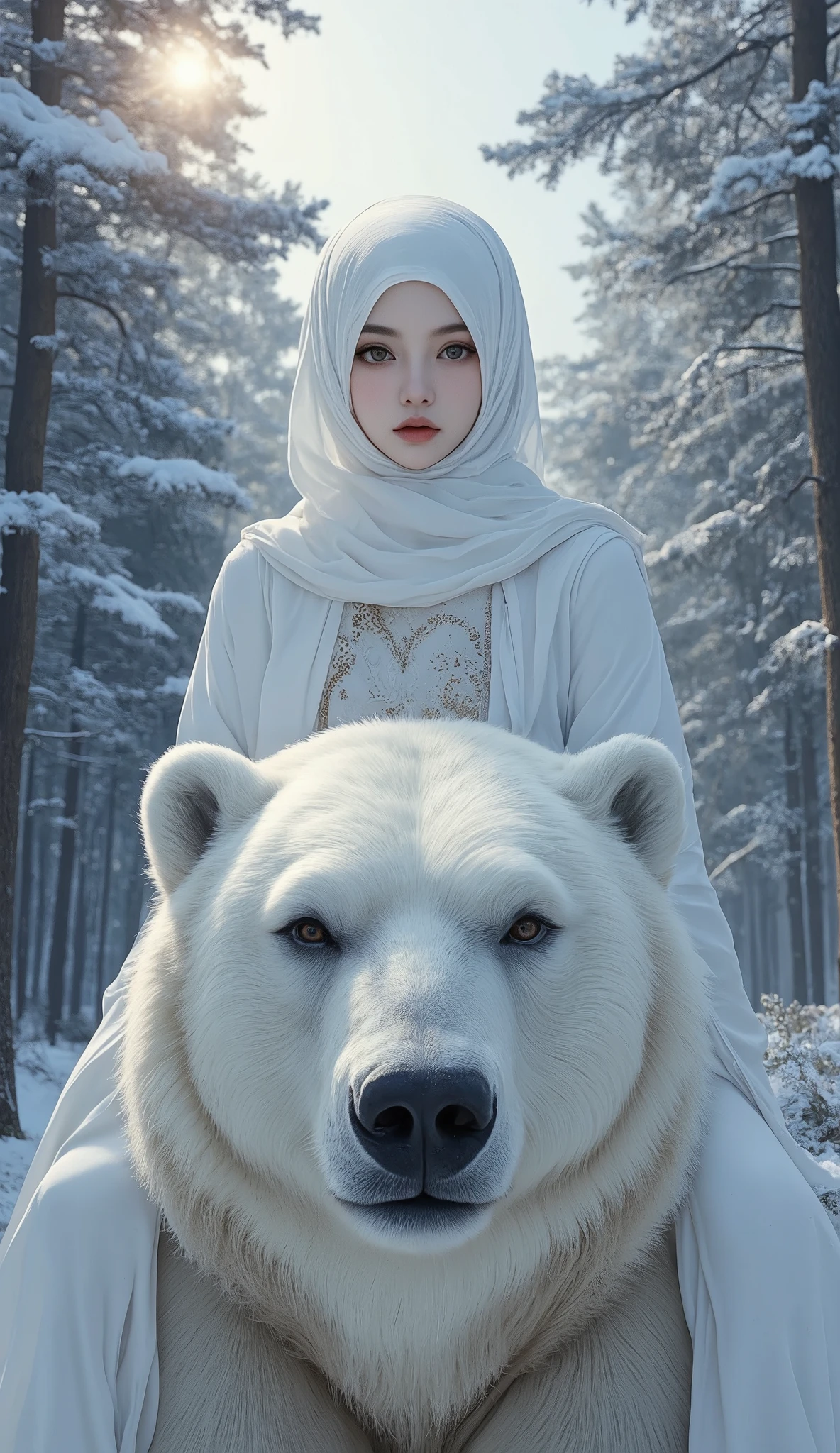 Quality_masterpiece, Anatomically correct, Beautiful face, Perfect face, Highly detailed beautiful face and eyes, Attractive face, Detailed face, Delicate facial features, Detailed skin, a woman with white hijab, she has brown eyes, pale lips, perfect facial features, she is wearing white long Abaya, an islamic outfit, confidently gorgeous, she is looking at the viewer, front view, eye level, she is riding a big white bear, inside serene forest, dense snowy forest, the sunlight is shining through the tree canopy, symmetrical composition, a delicate photography, nq, xingmeng.
