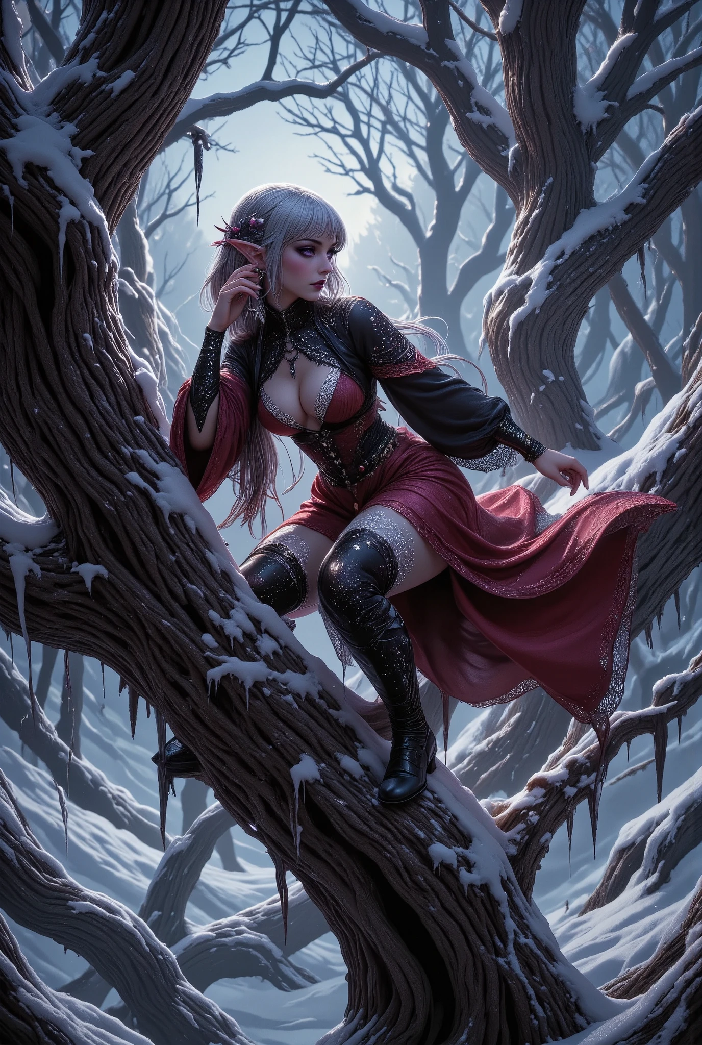 (Ultra-detailed face, Looking away, Gothic Illustration, Dark tone colors.), BREAK (A bird's-eye view from above, looking down on the ground. Deep in a forest where huge frozen trees cover the area, a female dark elf ranger is climbing a huge tree, 200 meters in diameter and covered in ice, and crossing a large branch that juts out above the snow cloud. The area is covered in a white haze, glistening blue-white as the moonlight reflects off the ice. The female ranger looks down at the ground far beyond with one hand over her eyes.), BREAK (The dark elf woman ranger wears a jet-black blouse with medieval-style lace bows and ruffles, and a crimson balloon skirt with white lace at the hem. She wears lacy black stockings and short black boots made of soft leather.), BREAK (She has glossy silver hair and eyebrows, blunt bangs, waist-length hair that is bunched and braided behind her neck, small pink lips, dark purple skin, lavender eyes, and a young-aged female dark elf ranger with thick, dark eyeliner around her eyes.), BREAK (This is a frozen, ancient forest that has been here for thousands of years. The atmosphere is sacred and filled with a pale glow of various shades.)