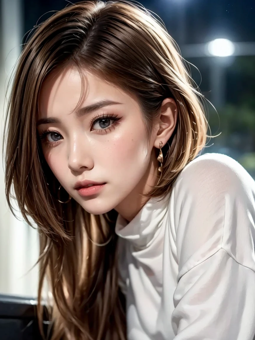 8k, artwork, Highest quality, Realistic, Very detailed, 1 girl, Realistic skin texture, ((垂れDownがった大きな胸:1.4)), ((バストDownの肌の露出:1.3)), (I'm wearing a loose T-shirt:1.4),(Cropped length shirt),sexy, Erect transparent nipples, Down , Micro Mini Skirt, , Cinema Lighting, Face Focus, Narrow eyes, Facial details, Bright Face, Light of the sun, Outdoor cafe in the background, Low angle shot, Downからの眺め
#Create a great background for your scene. The woman is posing confidently, Exudes elegance and dignity. Add a playful touch to a sophisticated look. The rooftops are shining with the warm city lights, The presence of bright neon lights dotting the horizon、The atmosphere increases。.。. 画像はHighest qualityです, シャープなフォーカスとVery detailedな機能, Capturing every nuance of a woman'Facial expressions and surroundings. The overall effect is realistic and immersive, HDR rendering enhances rich colors and textures.