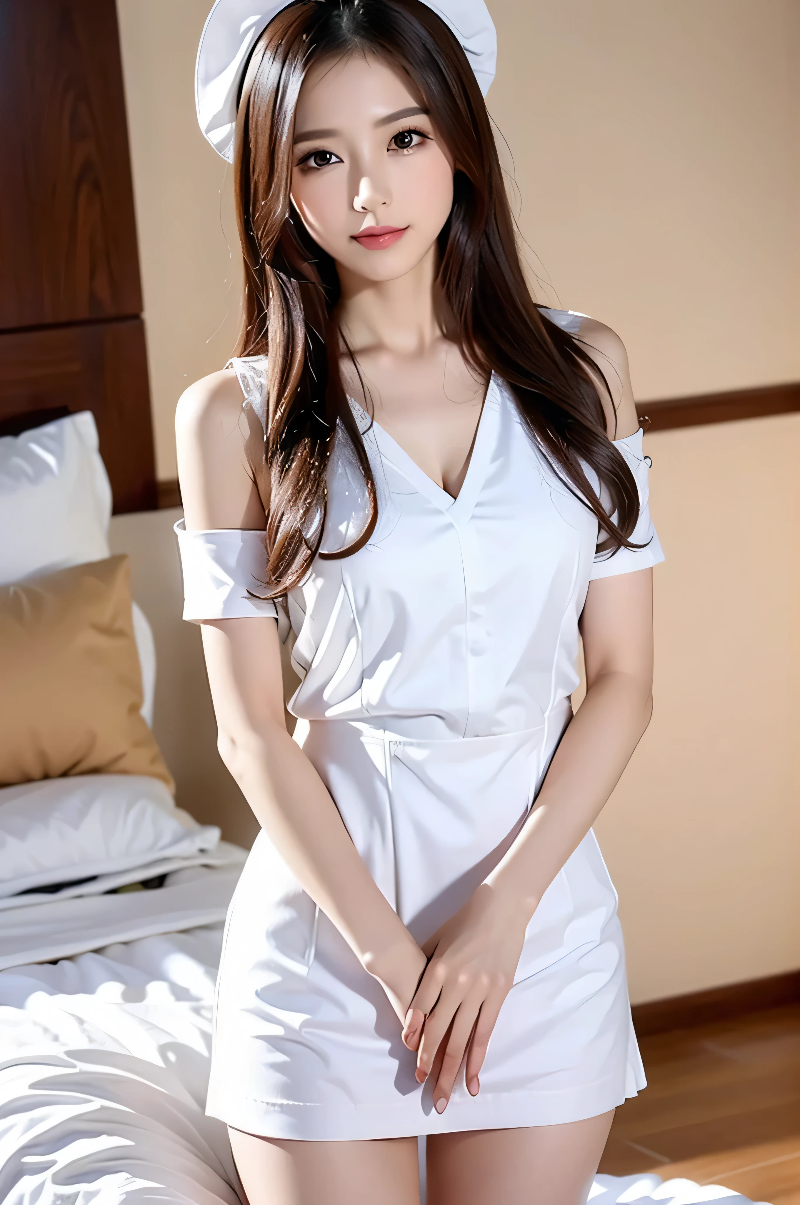 nurse、Nurse uniform、(Highest quality)、((Very detailed))、4K、(8K)、masterpiece、Very detailedな、Highest quality、Super Resolution、1 person、Kind Face、Soft Light、RAW quality、Soft Skin、163cm、hospital、Waist、knees