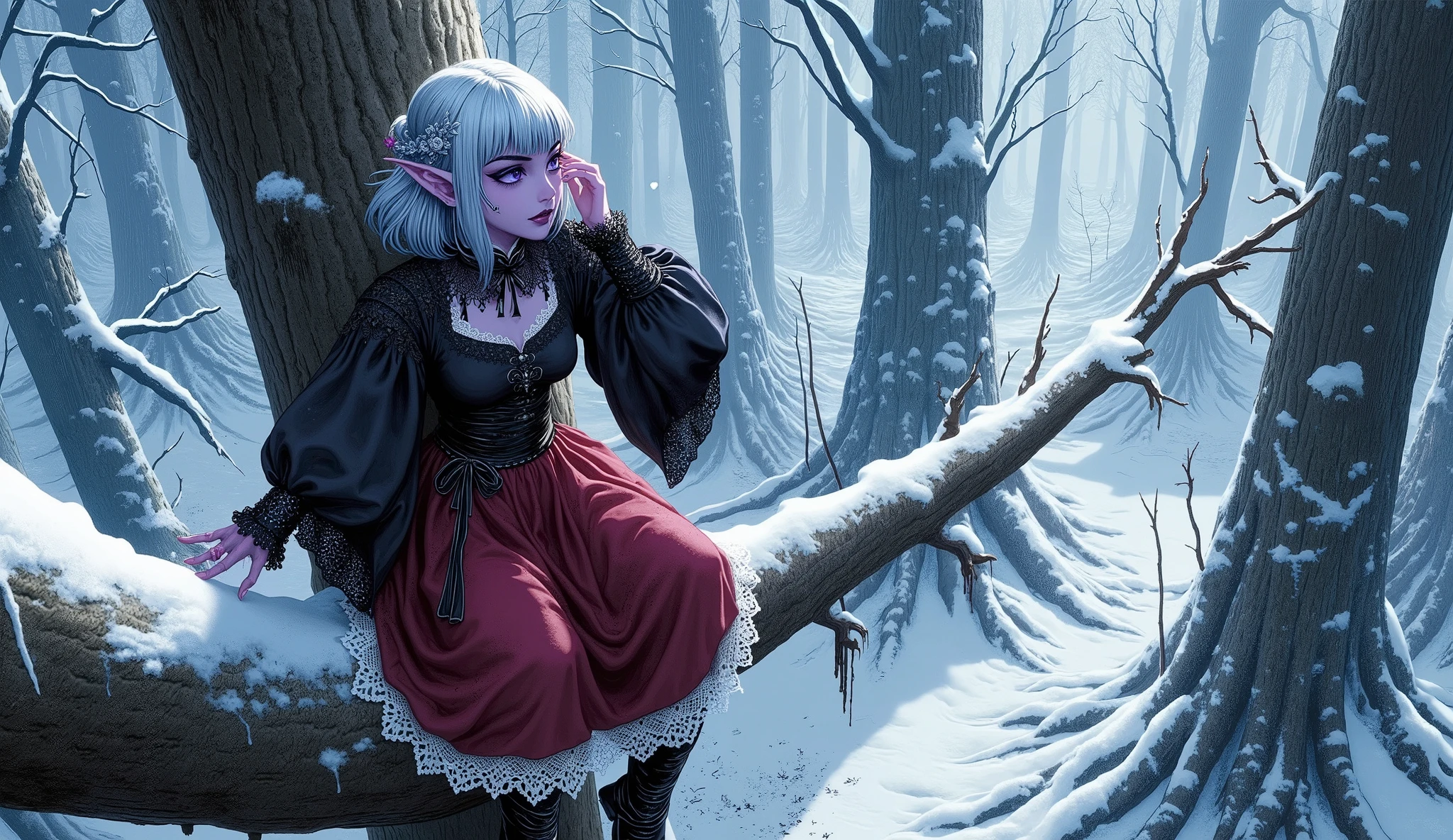 (Ultra-detailed face, Looking away, Gothic Illustration, Dark tone colors.), BREAK (A bird's-eye view from above, looking down on the ground. Deep in a forest where huge frozen trees cover the area, a female dark elf ranger is climbing a huge tree, 200 meters in diameter and covered in ice, and crossing a large branch that juts out above the snow cloud. The area is covered in a white haze, glistening blue-white as the moonlight reflects off the ice. The female ranger looks down at the ground far beyond with one hand over her eyes.), BREAK (The dark elf woman ranger wears a jet-black blouse with medieval-style lace bows and ruffles, and a crimson balloon skirt with white lace at the hem. She wears lacy black stockings and short black boots made of soft leather.), BREAK (She has glossy silver hair and eyebrows, blunt bangs, waist-length hair that is bunched and braided behind her neck, small pink lips, dark purple skin, lavender eyes, and a young-aged female dark elf ranger with thick, dark eyeliner around her eyes.), BREAK (This is a frozen, ancient forest that has been here for thousands of years. The atmosphere is sacred and filled with a pale glow of various shades.)