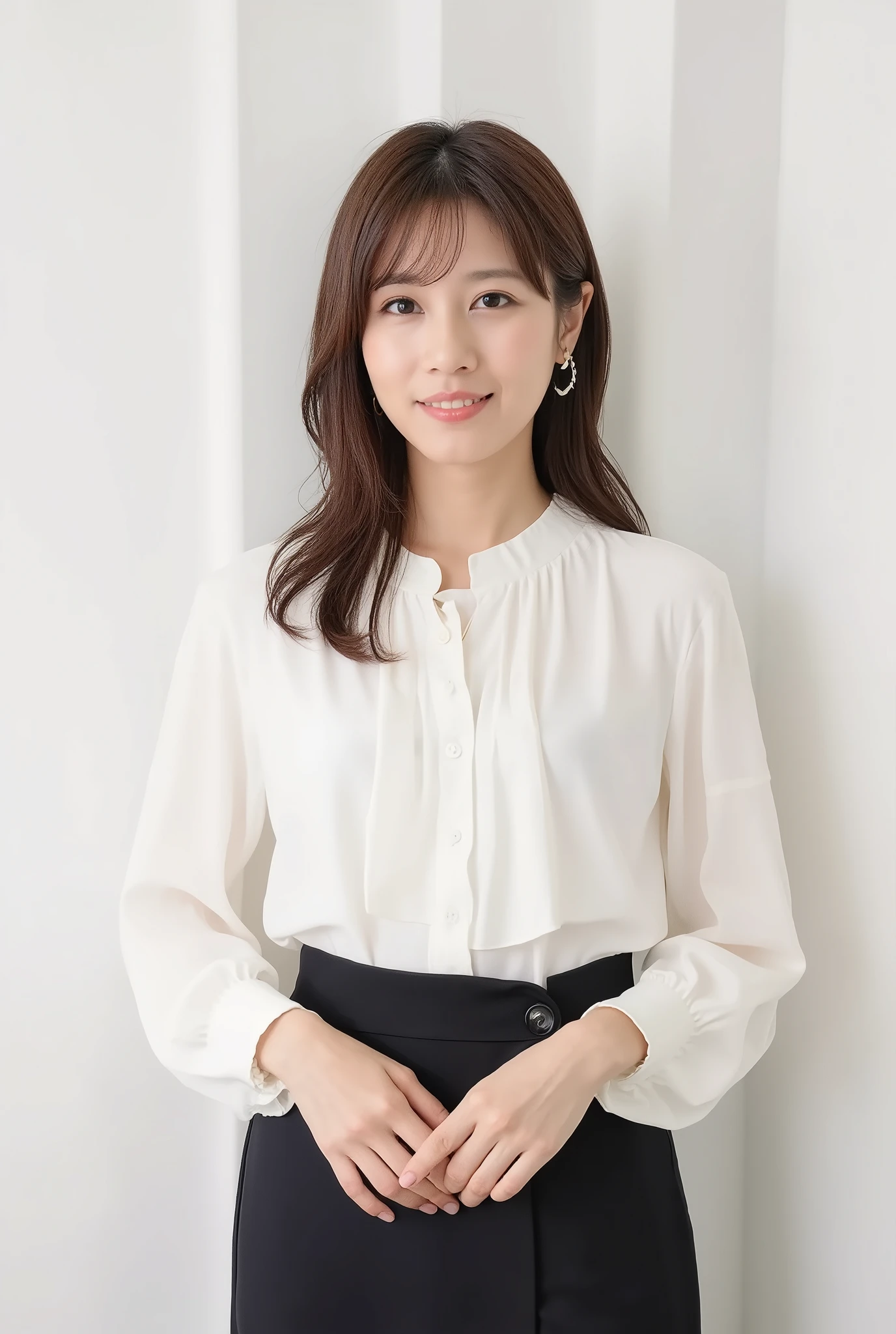 Create a stunning portrait of a very beautiful Japanese news anchor. She is wearing an elegant white blouse and has a slim figure with a small bust. The setting is a professional photography studio, where she stands confidently. The lighting is cinematic, enhancing her features and creating a bright, clean look, as if shot with a white reflector. Her medium-length hair is styled neatly, adding to her refined appearance. The overall image should be luminous and visually striking, capturing the essence of a high-quality, film-like photograph.