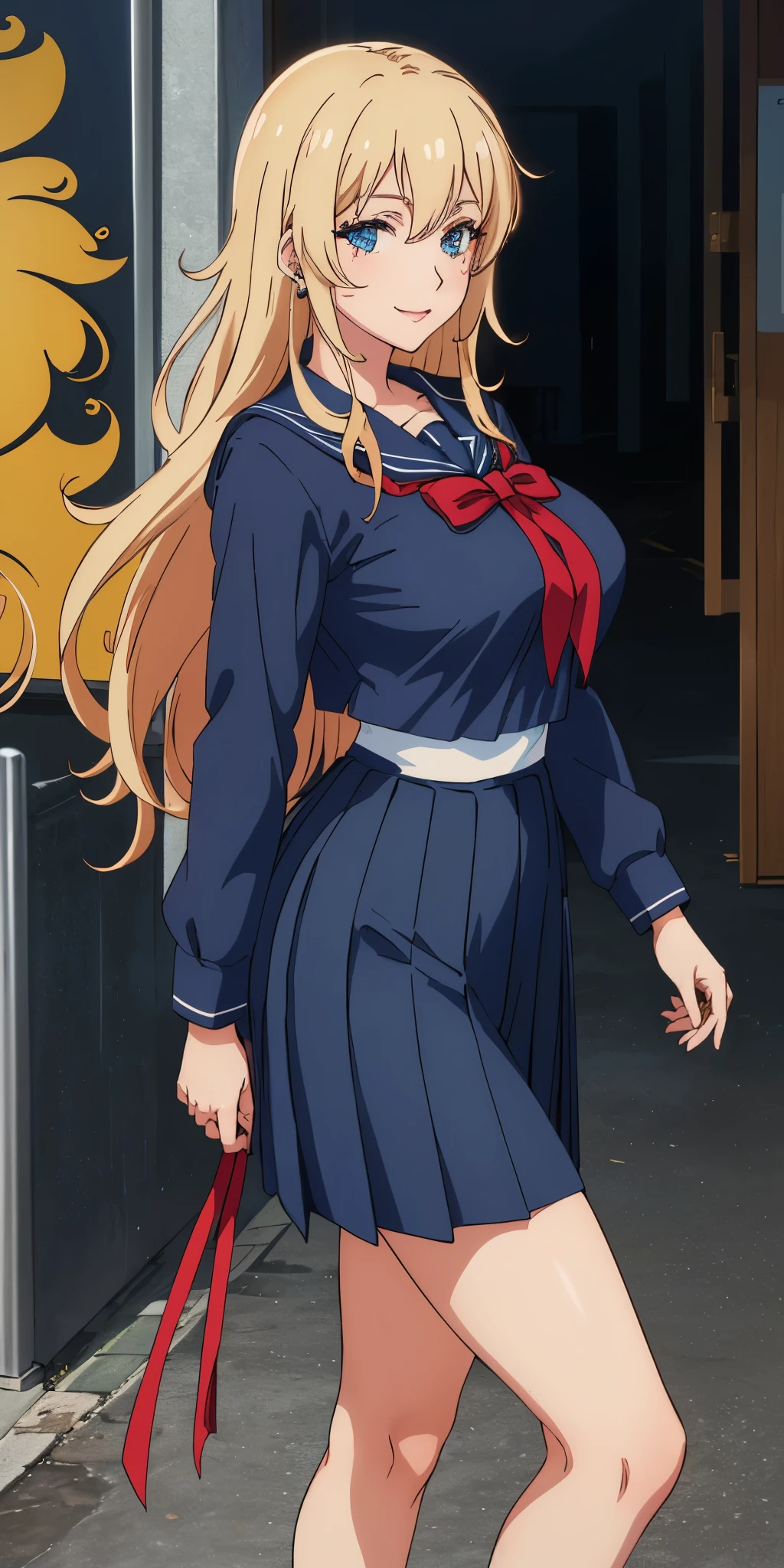 Young woman drawn in 80’s anime art style.
Retro anime. Vintage Anime. Classical Anime.
She has long and wavy blonde hair, blue eyes, full lips, and a beauty mark located under the right side of her mouth. She is well known for her curvaceous figure of which her most distinctive trait is her very large breasts. She is also wearing jewelry and a seductive smile.
She is wearing a sailor fuku (セーラー服, sērā fuku, sailor outfit) is a common japanese style of uniform worn by women, traditionally by high school female students.
The uniform generally consists of a sailor-styled blouse attached with a (Navy blue sailor-style collar) and a Dark Navy Blue Sailor Blouse. The length of the long skirt goes down past her ankle.
A ribbon is tied in the front and laced through a loop attached to the sailor blouse. The color is the ribbon is red. (RED RIBBON)
(Dark Navy Blue Sailor Shirt)
(Dark Navy Pleated Skirt)
She is holding a cellphone
(High School)