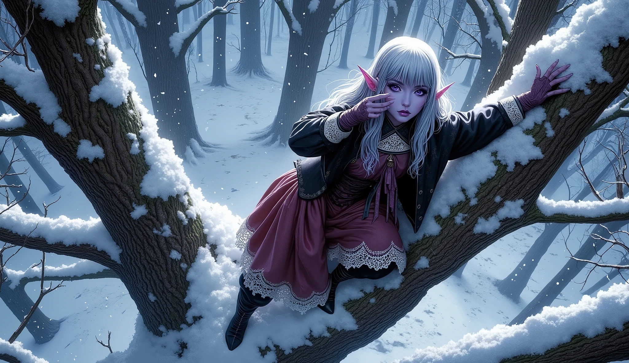 (Ultra-detailed face, Looking away, Gothic Illustration, Dark tone colors.), BREAK (A bird's-eye view from above, looking down on the ground. Deep in a forest where huge frozen trees cover the area, a female dark elf ranger is climbing a huge tree, 200 meters in diameter and covered in ice, and crossing a large branch that juts out above the snow cloud. The area is covered in a white haze, glistening blue-white as the moonlight reflects off the ice. The female ranger looks down at the ground far beyond with one hand over her eyes.), BREAK (The dark elf woman ranger wears a jet-black blouse with medieval-style lace bows and ruffles, and a crimson balloon skirt with white lace at the hem. She wears lacy black stockings and short black boots made of soft leather.), BREAK (She has glossy silver hair and eyebrows, blunt bangs, waist-length hair that is bunched and braided behind her neck, small pink lips, dark purple skin, lavender eyes, and a young-aged female dark elf ranger with thick, dark eyeliner around her eyes.), BREAK (This is a frozen, ancient forest that has been here for thousands of years. The atmosphere is sacred and filled with a pale glow of various shades.)