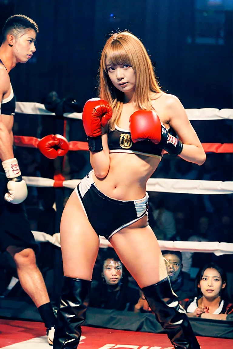 (ExtremelyDetailed((Risa Yukihira))) clearly visible the shape of Butt, Radiant PearlSkin with Transparency, Boxing event girls in sexy costume, Detailed Clothing texture, Full of (HUGE Audience) . (Full body shot:1.2),Ultra-detailed,grand scale,epic,zoomed out,wide angle. (ExtremelyDetailed Beautiful face) Dynamic Joyful Expressions LifeLike Rendering. (Exposed:0.52) PerfectLighting (TopQuality 8K(masterpiece(ProfessionalPhoto:1.37)))