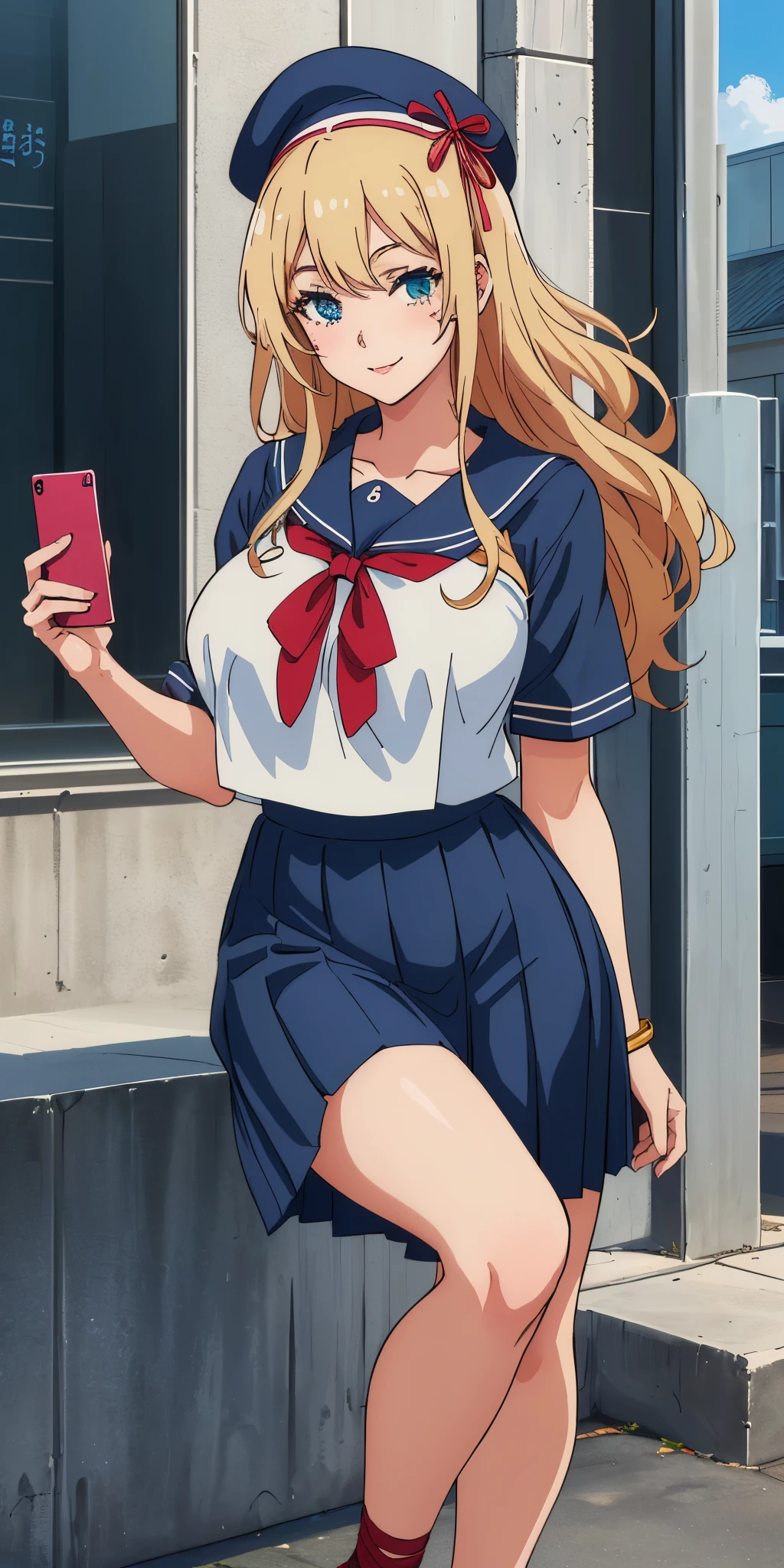 Young woman drawn in 80’s anime art style.
Retro anime. Vintage Anime. Classical Anime.
She has long and wavy blonde hair, blue eyes, full lips, and a beauty mark located under the right side of her mouth. She is well known for her curvaceous figure of which her most distinctive trait is her very large breasts. She is also wearing jewelry and a seductive smile.
She is wearing a sailor fuku (セーラー服, sērā fuku, sailor outfit) is a common japanese style of uniform worn by women, traditionally by high school female students.
The uniform generally consists of a sailor-styled blouse attached with a (Navy blue sailor-style collar) and a Dark Navy Blue Sailor Blouse. The length of the long skirt goes down past her ankle.
A ribbon is tied in the front and laced through a loop attached to the sailor blouse. The color is the ribbon is red. (RED RIBBON)
(Dark Navy Blue Sailor Shirt)
(Dark Navy Pleated Skirt)
She is holding a cellphone
(High School)
