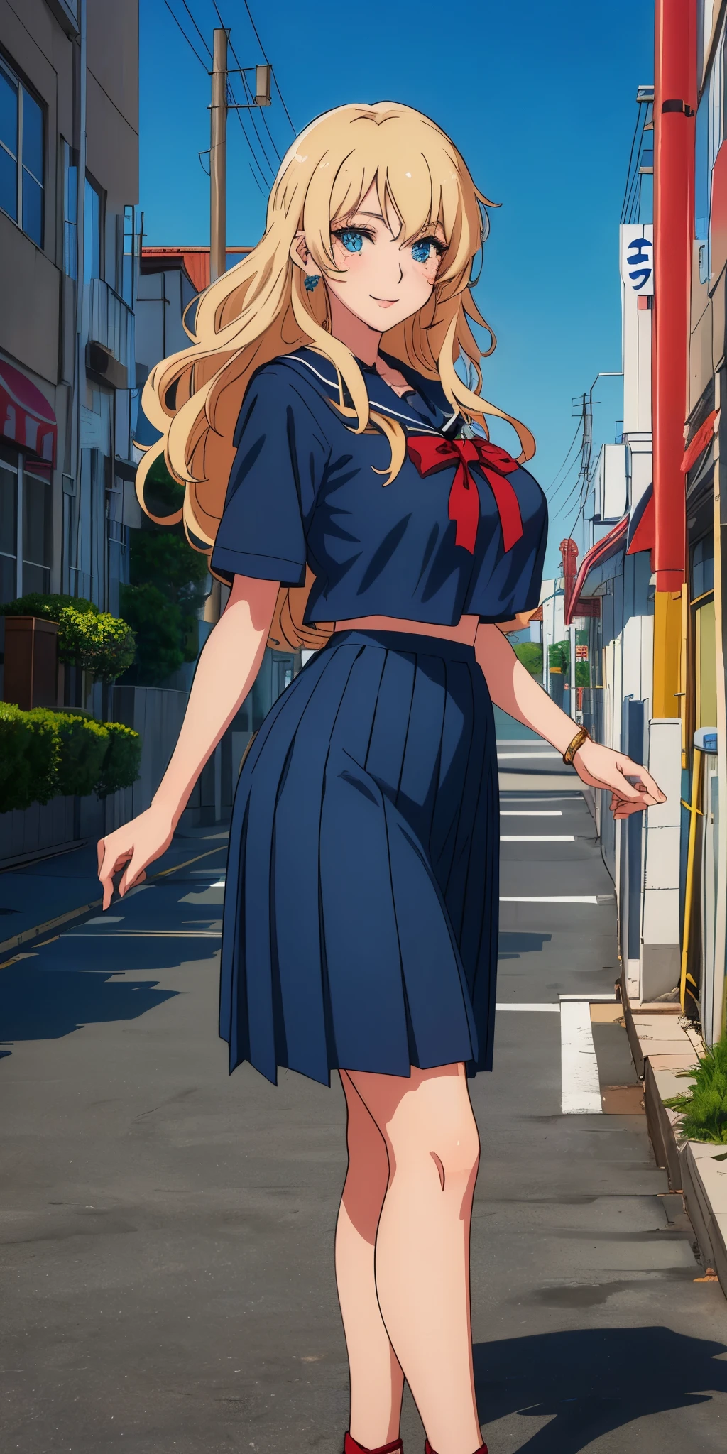 Young woman drawn in 80’s anime art style.
Retro anime. Vintage Anime. Classical Anime.
She has long and wavy blonde hair, blue eyes, full lips, and a beauty mark located under the right side of her mouth. She is well known for her curvaceous figure of which her most distinctive trait is her very large breasts. She is also wearing jewelry and a seductive smile.
She is wearing a sailor fuku (セーラー服, sērā fuku, sailor outfit) is a common japanese style of uniform worn by women, traditionally by high school female students.
The uniform generally consists of a sailor-styled blouse attached with a (Navy blue sailor-style collar) and a Dark Navy Blue Sailor Blouse. The length of the long skirt goes down past her ankle.
A ribbon is tied in the front and laced through a loop attached to the sailor blouse. The color is the ribbon is red. (RED RIBBON)
(Dark Navy Blue Sailor Shirt)
(Dark Navy Pleated Skirt)
She is holding a cellphone
(High School)