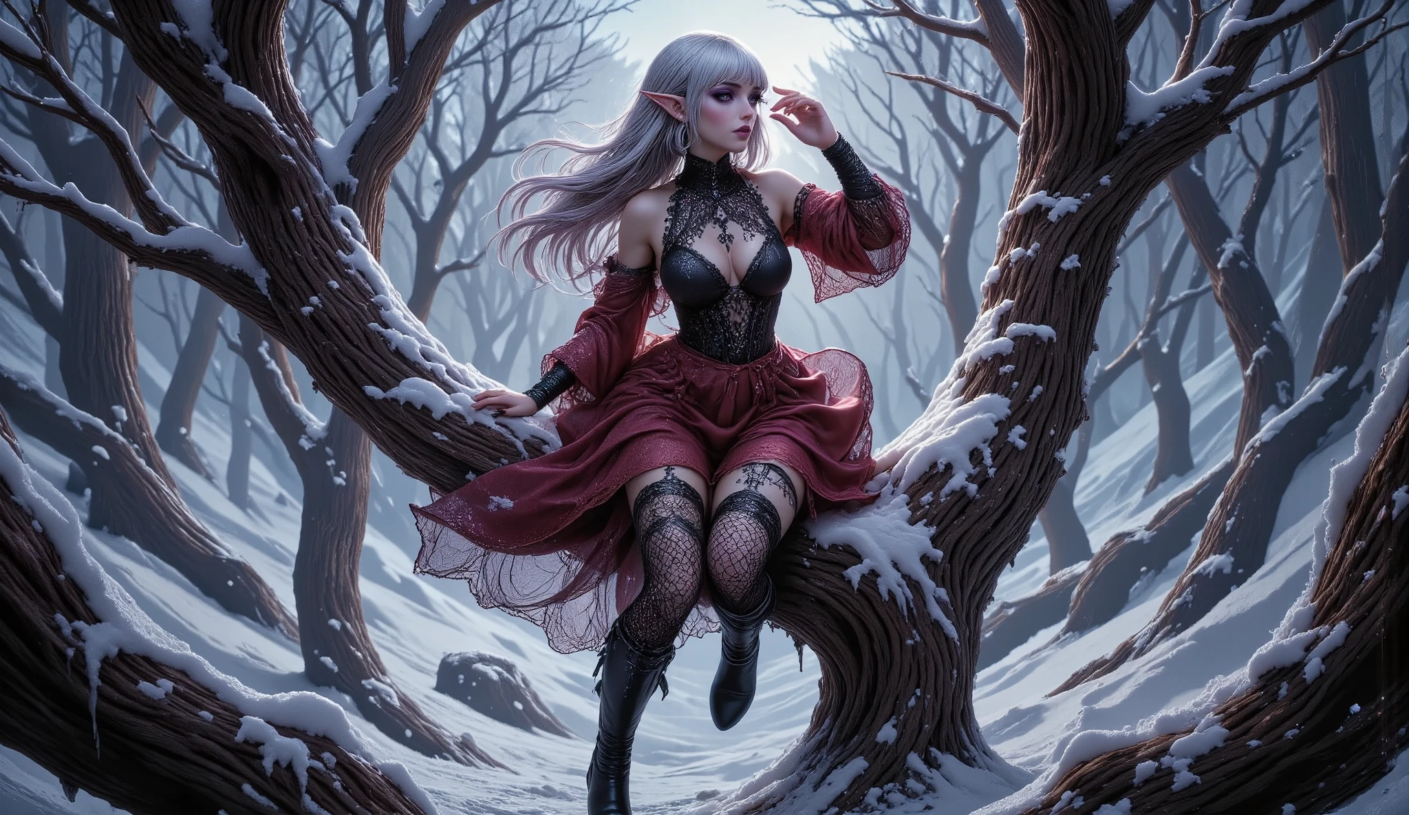 (Ultra-detailed face, Looking away, Gothic Illustration, Dark tone colors.), BREAK (A bird's-eye view from above, looking down on the ground. Deep in a forest where huge frozen trees cover the area, a female dark elf ranger is climbing a huge tree, 200 meters in diameter and covered in ice, and crossing a large branch that juts out above the snow cloud. The area is covered in a white haze, glistening blue-white as the moonlight reflects off the ice. The female ranger looks down at the ground far beyond with one hand over her eyes.), BREAK (The dark elf woman ranger wears a jet-black blouse with medieval-style lace bows and ruffles, and a crimson balloon skirt with white lace at the hem. She wears lacy black stockings and short black boots made of soft leather.), BREAK (She has glossy silver hair and eyebrows, blunt bangs, waist-length hair that is bunched and braided behind her neck, small pink lips, dark purple skin, lavender eyes, and a young-aged female dark elf ranger with thick, dark eyeliner around her eyes.), BREAK (This is a frozen, ancient forest that has been here for thousands of years. The atmosphere is sacred and filled with a pale glow of various shades.)
