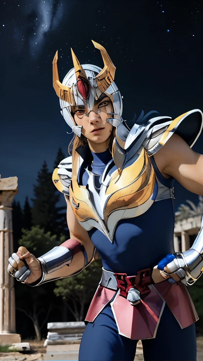 masterpiece, league player , ultra high resolution, realistic skin texture, Armor, ( photorealistic: 1.4), high resolution, RAW photo, 1 boy, glowing skin , (skin detail: 1.2), realistic skin texture, Better lighting, brilliance, dramatic lighting , attack pose , (greek temple background: 1.2), (night sky: 1.1), cosmos, Milky Way, golden Armor, phoenix_two, ( capable: 1.2), tanned skin, blue hair, ( silver breastplate: 1.4), ( capable), Blue shirt, fire, Serious, Serious, perfect capable, perfect hands , perfect fingers , Perfect face,