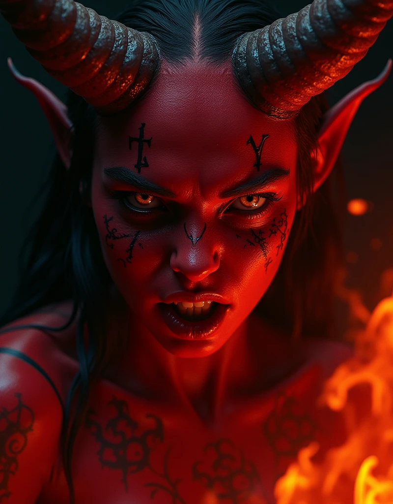 portrait photo , close-up ,maximum quality , photorealism, demon from hell (devil , Demon woman), red skin ,2 horns on the forehead , fangs, satanic black eyes with an amber glow ,rune tattoos, maximum detail,aggressive look, looks at us ,facing us , on a black background ( with flames ),