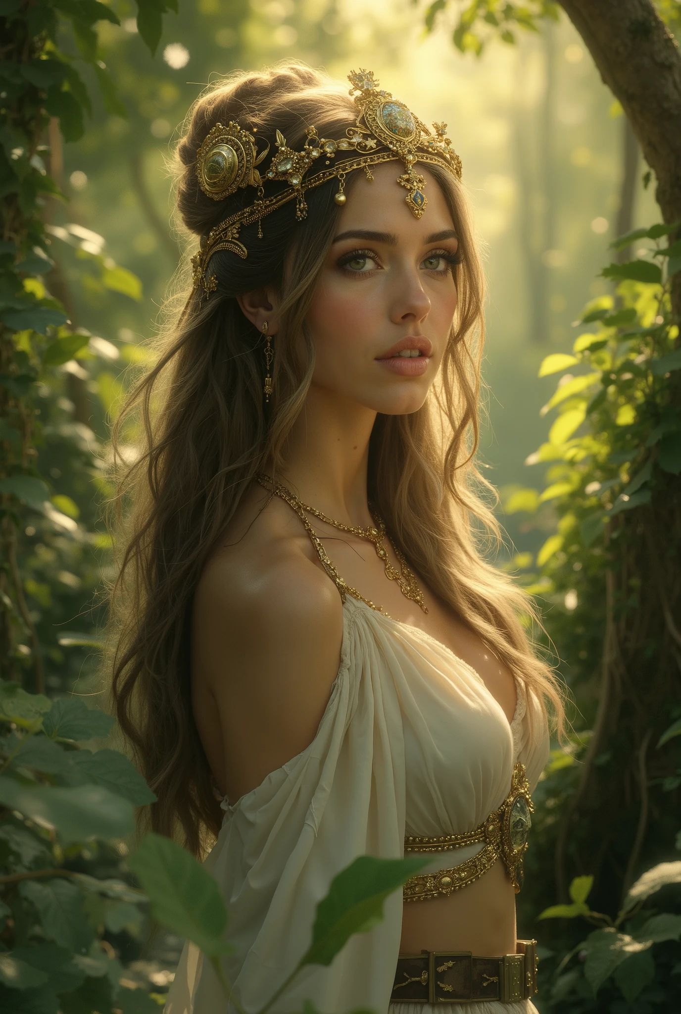 1 goddess gaia, beautiful detailed eyes, beautiful detailed lips, extremely detailed eyes and face, longeyelashes, serene expression, elegant pose, flowing dress, golden headdress, ancient greek style, glowing ethereal skin, natural scenery, lush green forest, sunbeams, (best quality,4k,8k,highres,masterpiece:1.2),ultra-detailed,(realistic,photorealistic,photo-realistic:1.37),cinematic lighting,dramatic colors,fantasy art