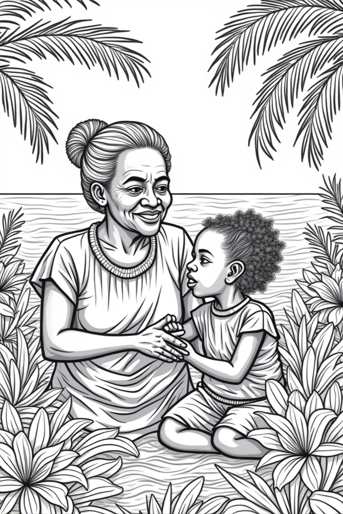 A simple black and white drawing of a happy African elderly woman with a headscarf and an African child in her arms, also with a headscarf, looking forward.

