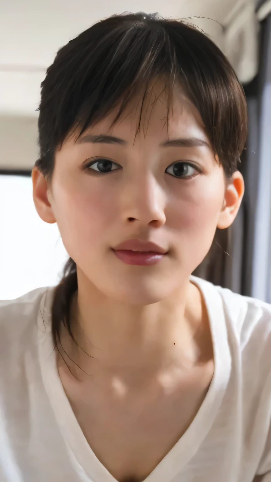 black hair、20 years old、( top quality), 4K, high resolution, Masterpiece)、 (, slim:1.8, pale skin on a street car:1.6), ( small face:1.8, without makeup:1.8), Beautiful Delicate Eyes( symmetrical eyes, big round eyes:1.8, eyeliner :1.6, Delicate eyebrows, Delicate eyelashes, are saggy under the eyes:1.2), super slim model figure、 off the shoulder、 strapless、bread、 Beige T-shirt 、nsfw、 down blouse, Loose fit T-shirt, ((( slouching forward)))、((( big boobs indoors in POV)))、