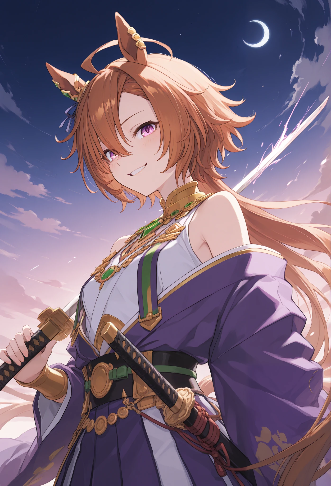 {{{Racecourse:1.6}}} {{{ 【 focuses on the upper body :1.5}}},( high resolution),( high resolution), (unity 8k wallpaper),( detailed image ), {{{Type Moon :1.7}}},((draw:1.5)), T.m. Opera About\( Uma Musume\) ,{right },{ seductive smile } \( Uma Musume\),
,{{{{ off shoulder top}}},{{{ Crazy Smile :1.6}}},{{{Demon King :1.6}}}},{{ heavy cloak with collar }}},{{{ kimono:1.8}}}:{{{ Demon Horn :1.7}}},{{{ big Japanese sword}}},{Onigashima},{ Crescent Moon and Clouds },{ Attack with a Japanese sword } 「 Warrior attacking with a sword 」
「 swordsmen who hold up swords and launch attacks 」
「 swords where samurai have devil horns on their heads 」
「 Ninja slaying with a sharp sword 」