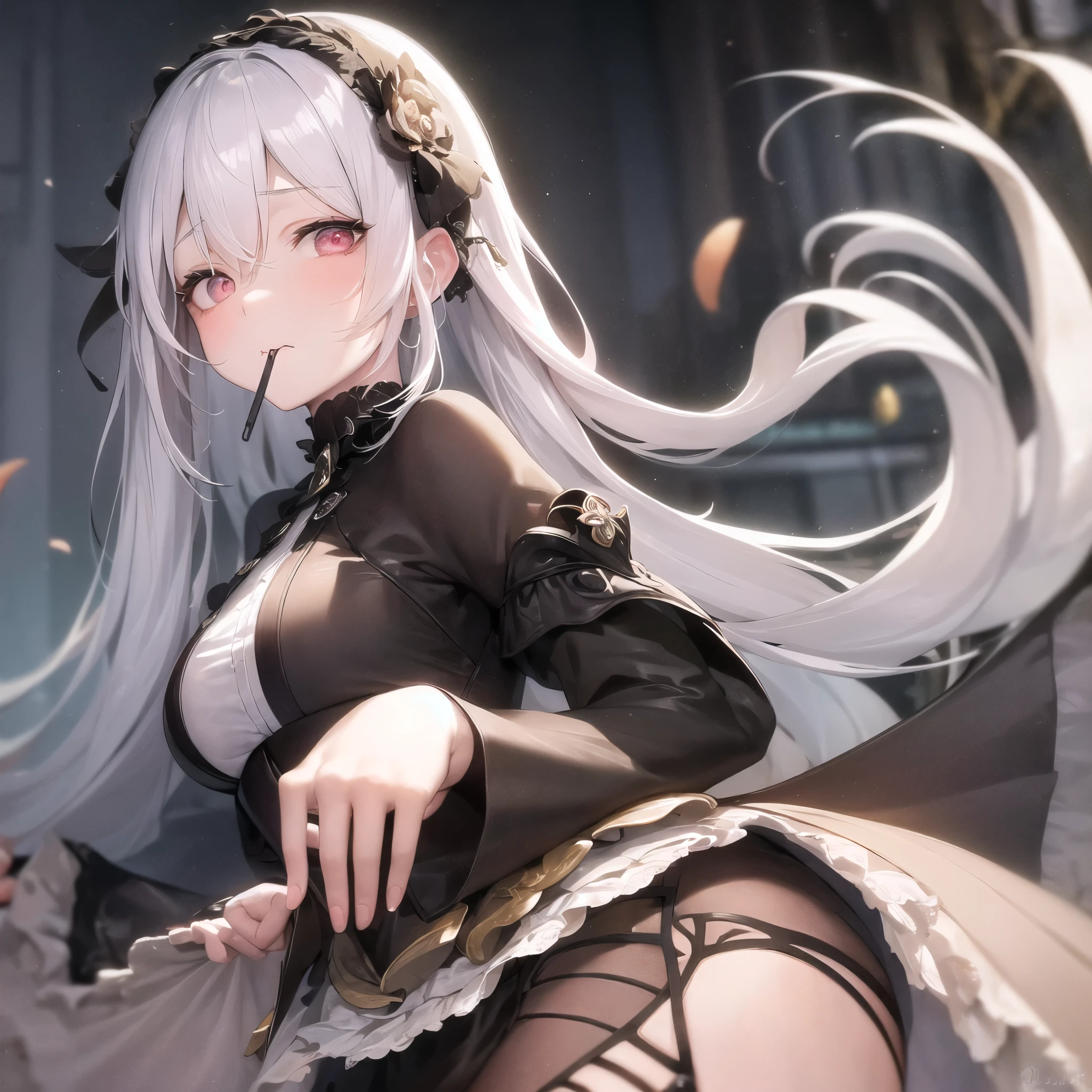 ((((Obra maestra, La mejor calidad, ultrahigh resolution)))), 1girl, standing, (cute maid costume), ((long pure silver hair and grey mesh hair, hair over eye)), long hair cut, pale skin, ((red eyes)), glowing_eyes, neon eyes, (ultra detailed eyes:0.7, beautiful and detailed face, detailed eyes:0.9), ((centered)), smile, ((wide shot)), facing viewer, ((vibrant background, bright lighting, summer, sunlight)), flat chested, looking at viewer, ((half closed eyes)), ((perfect hands)), (((head:1, arms, hips in view, elbows, arms, legs, in view))), ((hands behind back)), empty eyes, beautiful lighting, ((outside, outdoors)), defined subject, head tilt, (((gritty)), ((creepy)), ((cool)), ((beautiful)), (((SFW)))